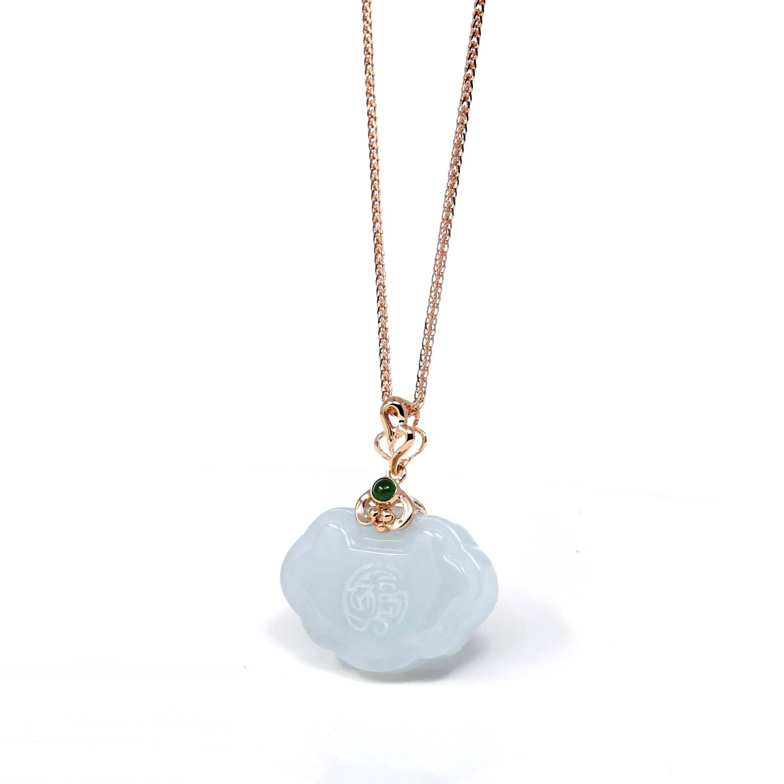 RealJade® 18k Rose Gold Genuine Burmese Light Lavender Jadeite Happiness and Safety  (Fu & Pingan) Pendant Necklace