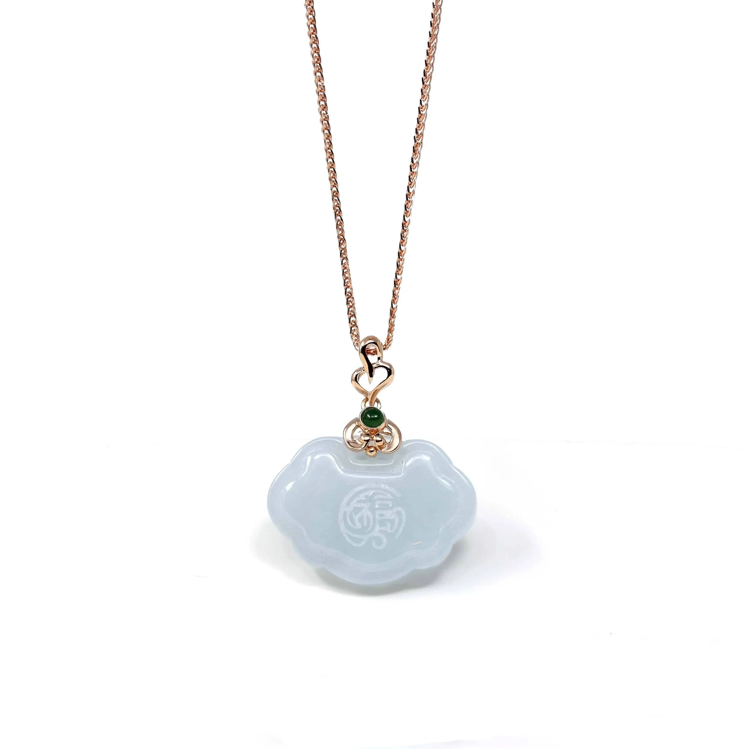 RealJade® 18k Rose Gold Genuine Burmese Light Lavender Jadeite Happiness and Safety  (Fu & Pingan) Pendant Necklace