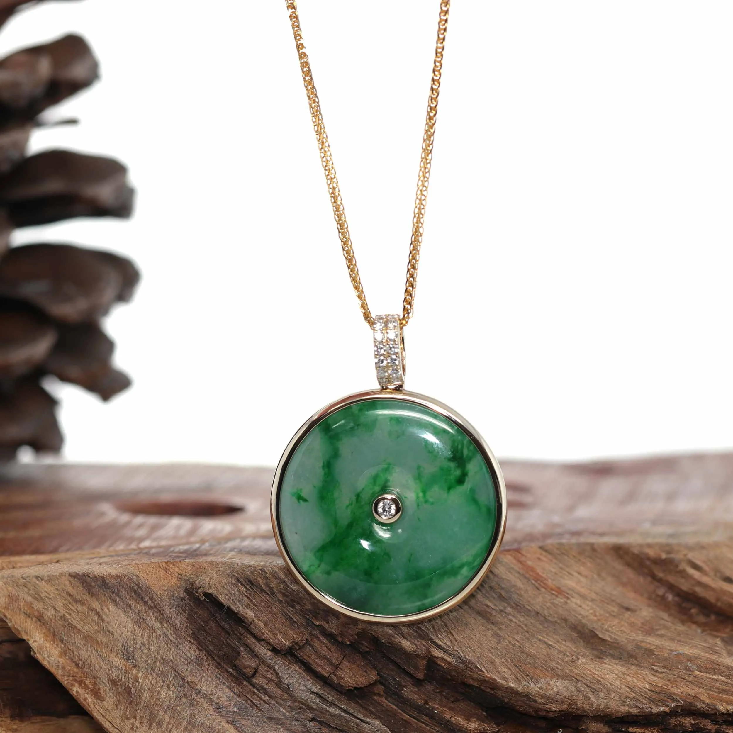 RealJade® Co. 14K Gold "Good Luck Button" Necklace White Jadeite Jade Lucky KouKou Pendant Necklace