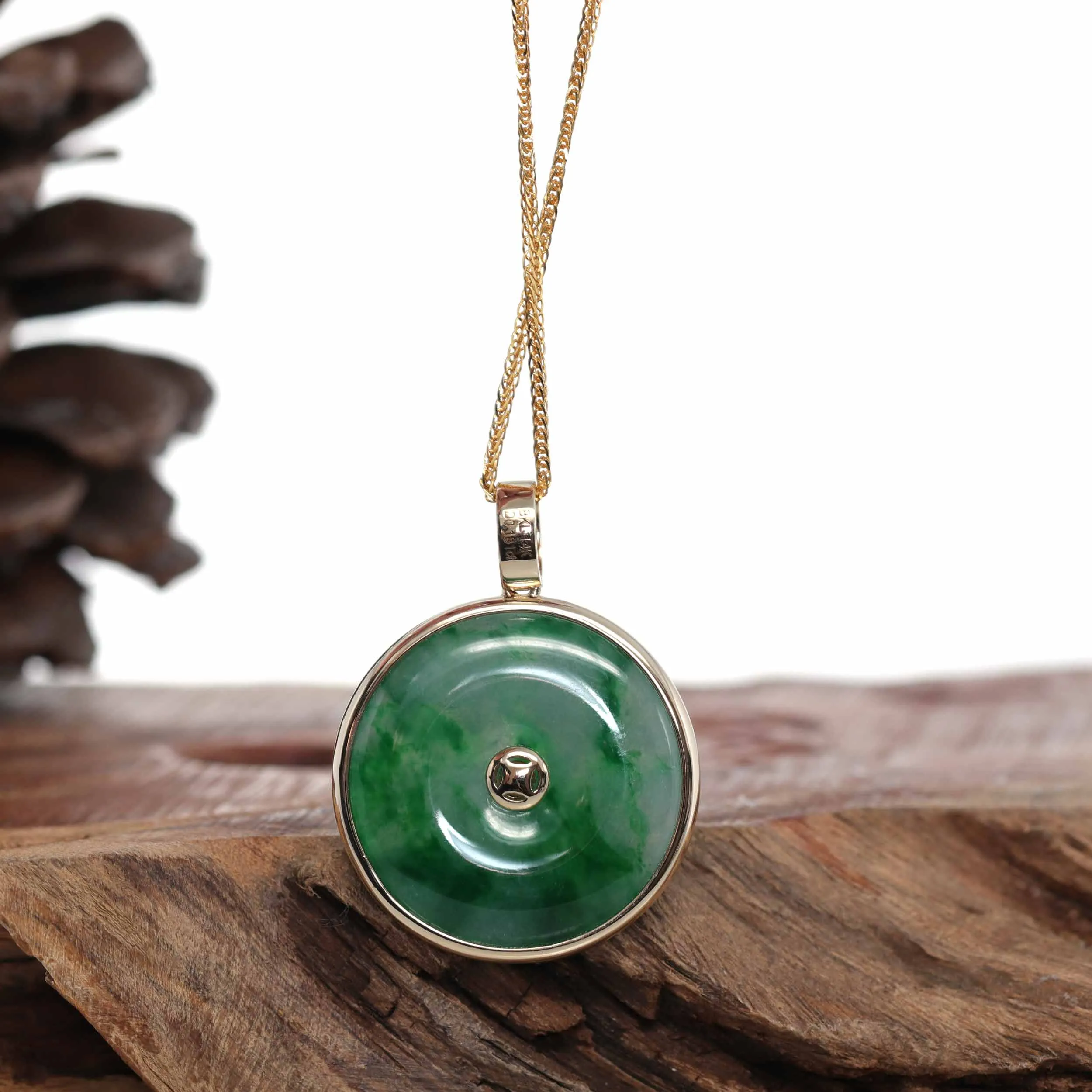 RealJade® Co. 14K Gold "Good Luck Button" Necklace White Jadeite Jade Lucky KouKou Pendant Necklace