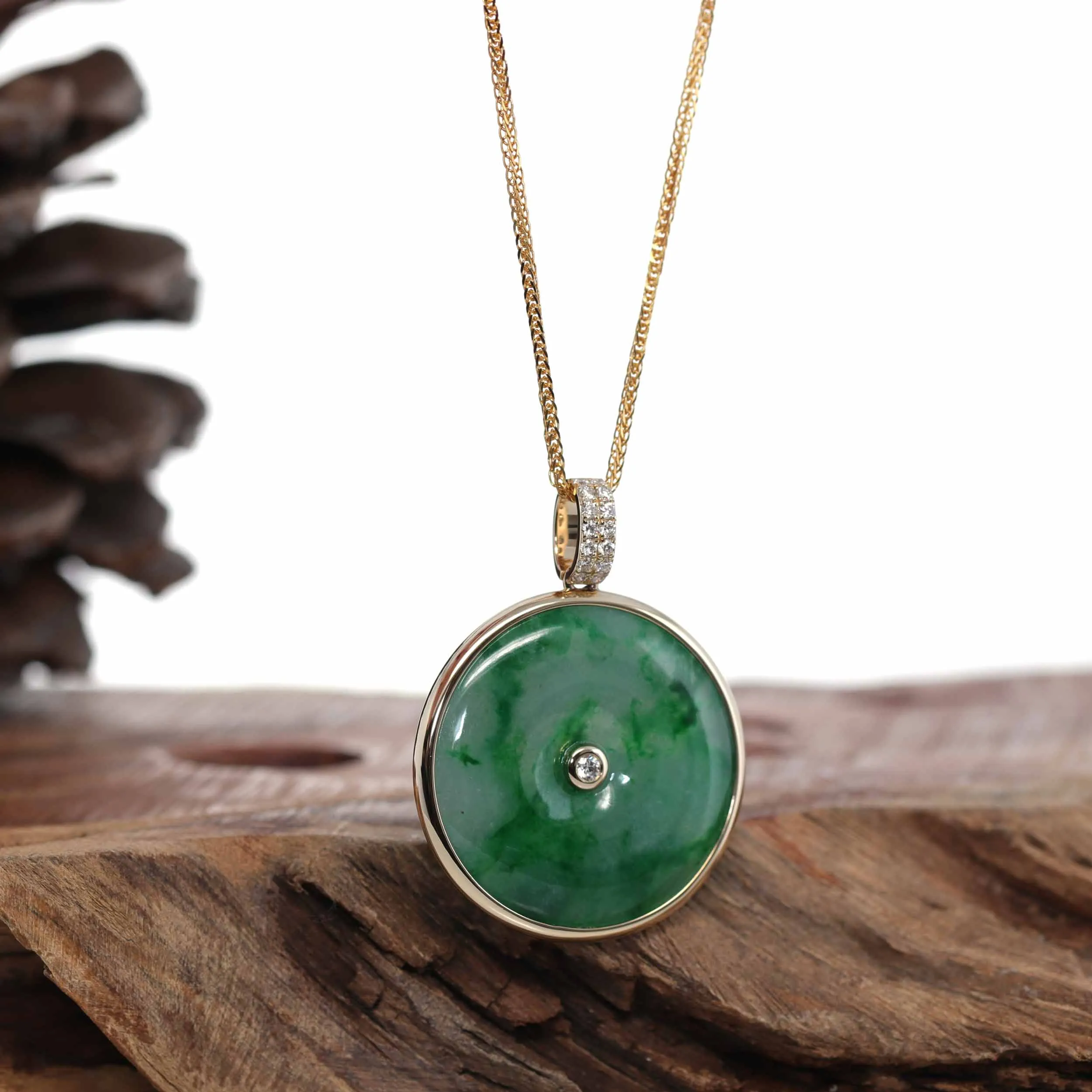 RealJade® Co. 14K Gold "Good Luck Button" Necklace White Jadeite Jade Lucky KouKou Pendant Necklace