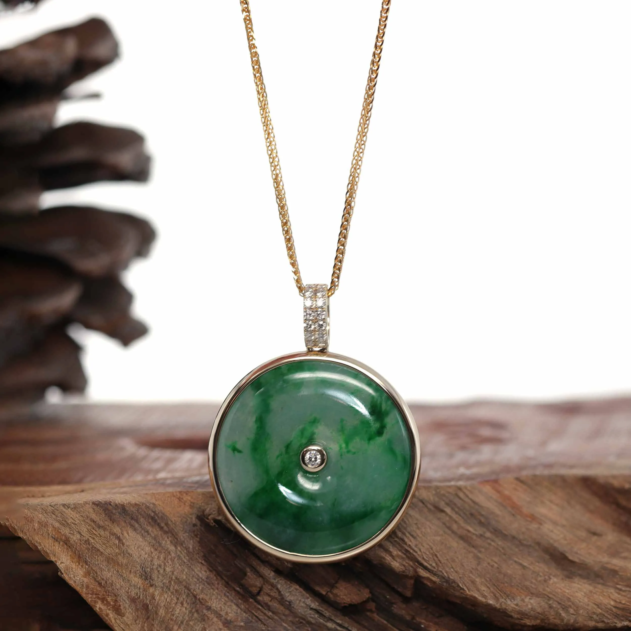 RealJade® Co. 14K Gold "Good Luck Button" Necklace White Jadeite Jade Lucky KouKou Pendant Necklace