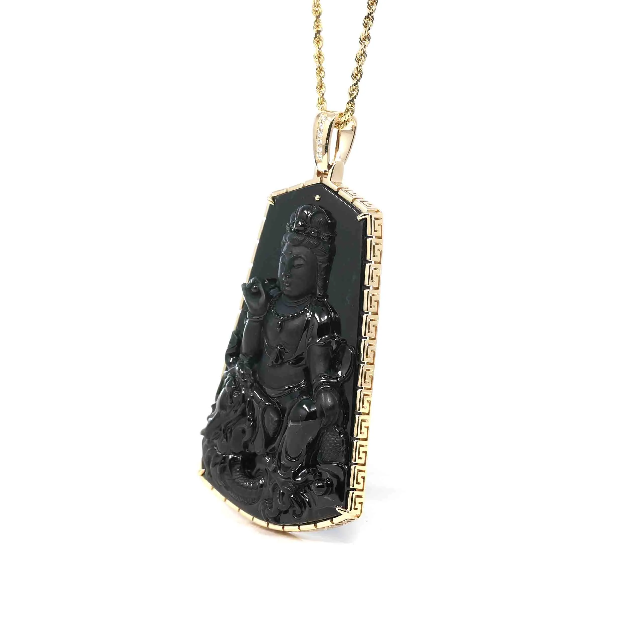 RealJade® Co. 14k Yellow Gold "Goddess of Compassion" Genuine Black Burmese Jadeite Jade Guanyin Necklace With Gold Bail