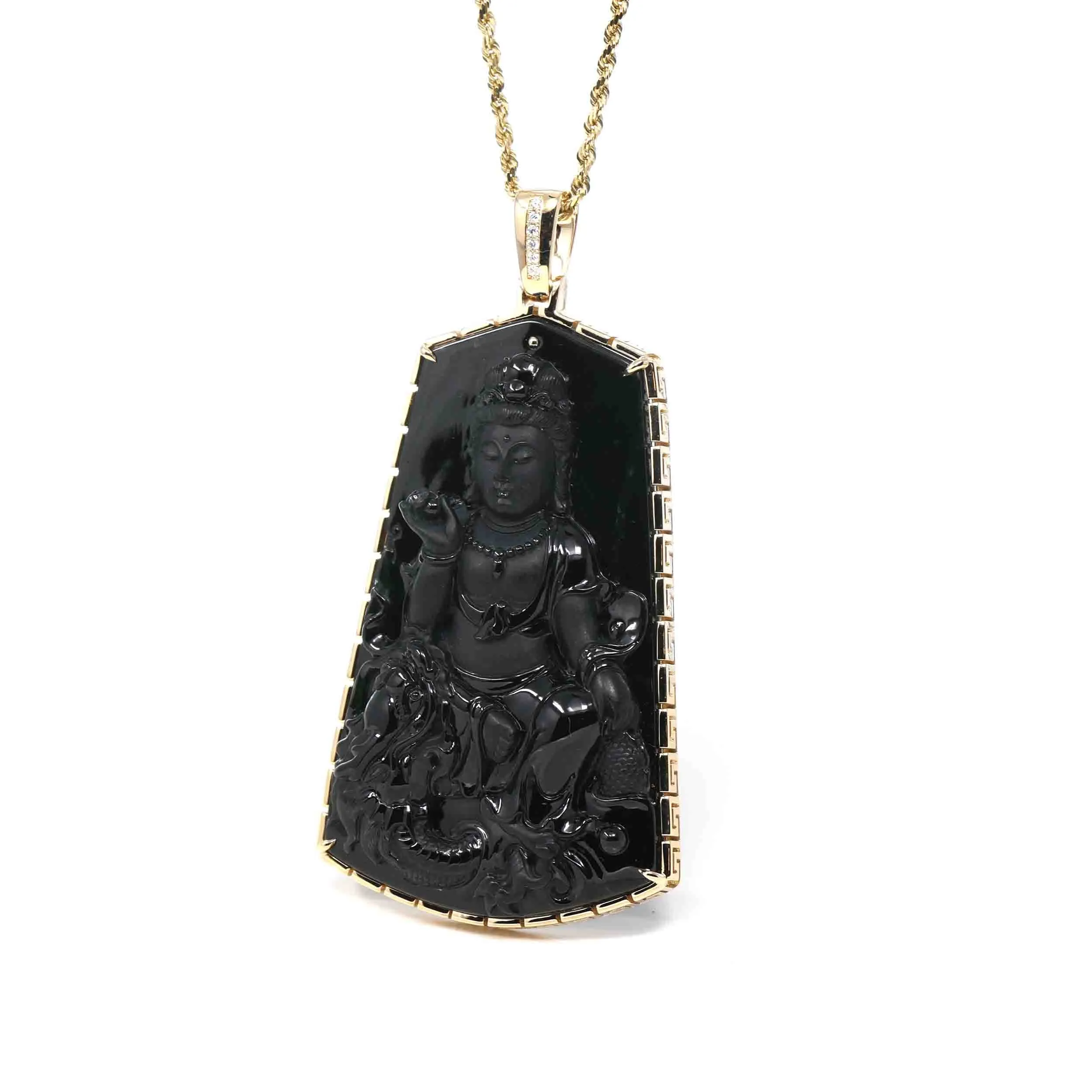 RealJade® Co. 14k Yellow Gold "Goddess of Compassion" Genuine Black Burmese Jadeite Jade Guanyin Necklace With Gold Bail