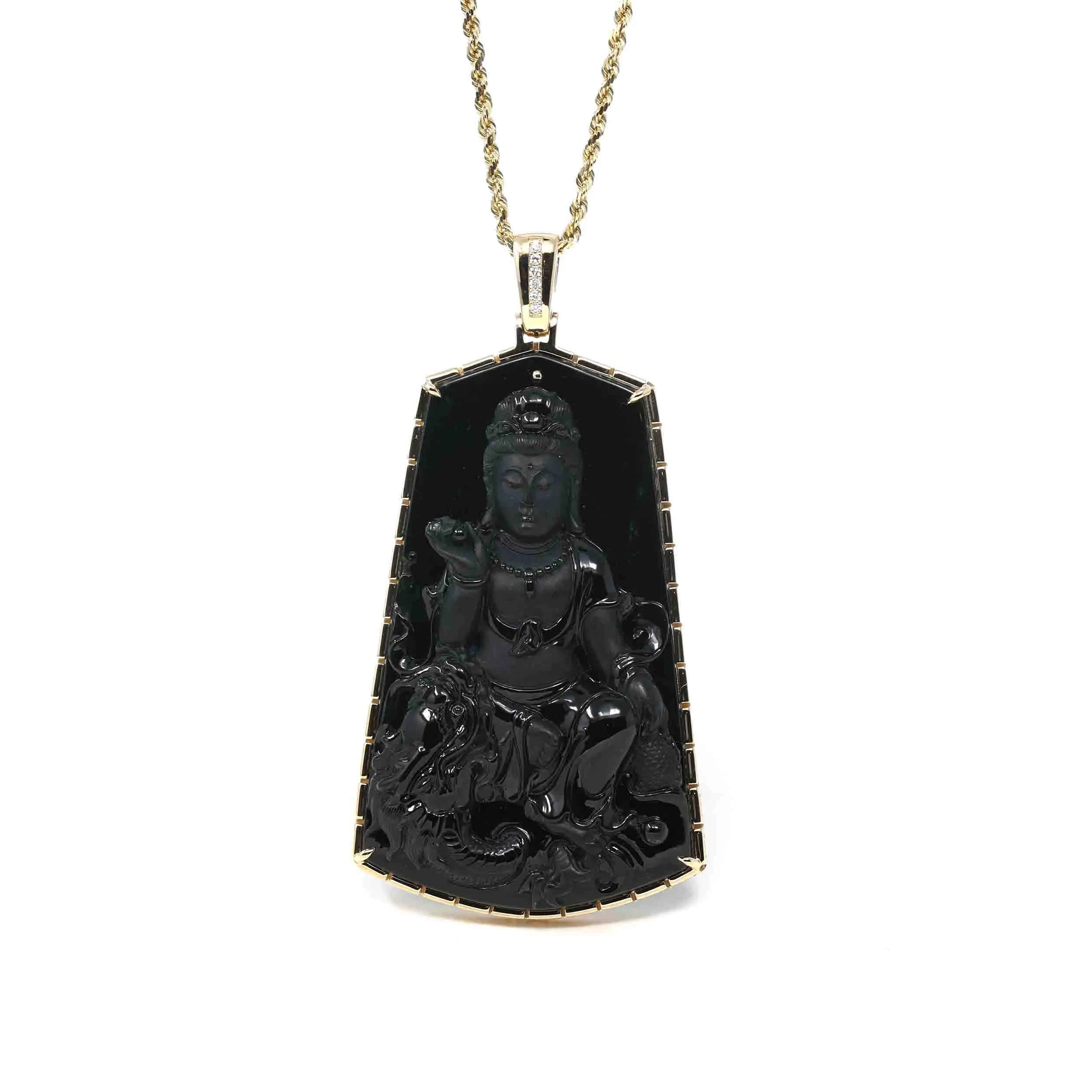 RealJade® Co. 14k Yellow Gold "Goddess of Compassion" Genuine Black Burmese Jadeite Jade Guanyin Necklace With Gold Bail