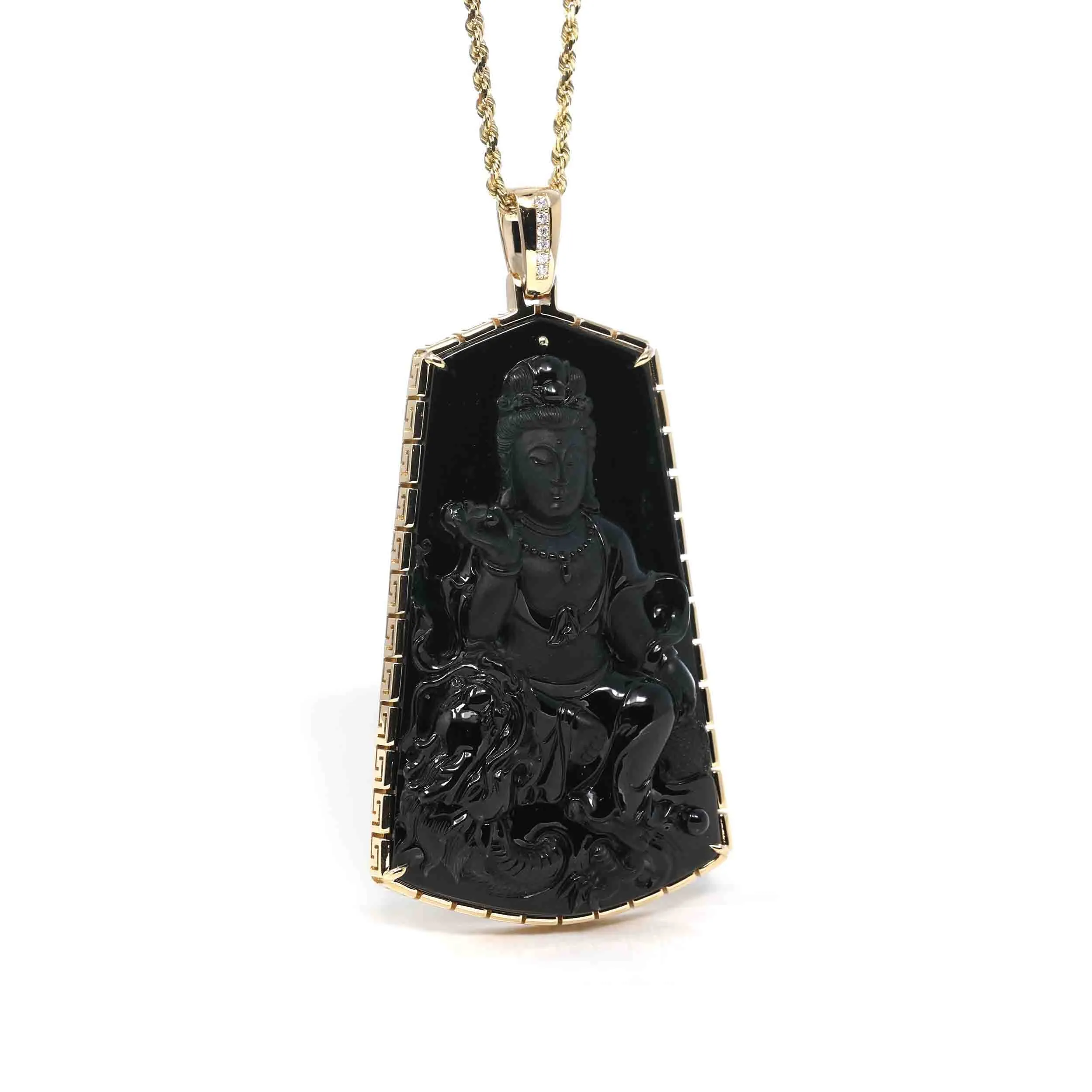 RealJade® Co. 14k Yellow Gold "Goddess of Compassion" Genuine Black Burmese Jadeite Jade Guanyin Necklace With Gold Bail