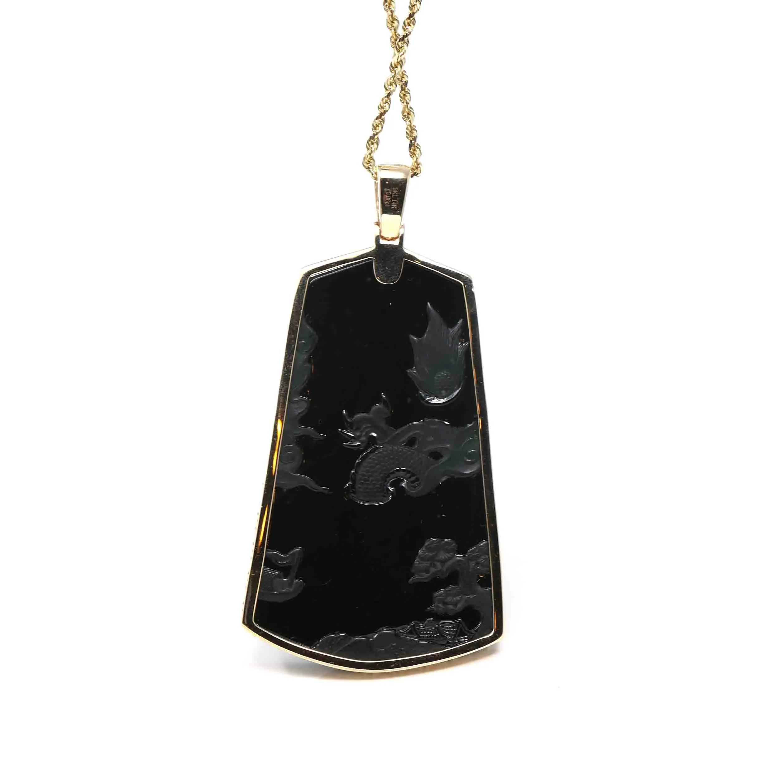 RealJade® Co. 14k Yellow Gold "Goddess of Compassion" Genuine Black Burmese Jadeite Jade Guanyin Necklace With Gold Bail