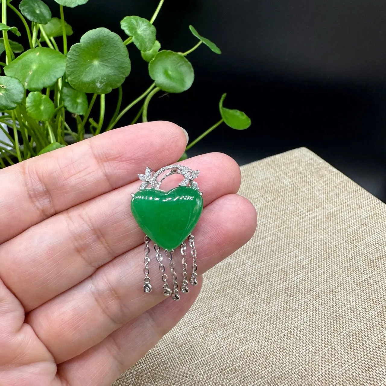 RealJade® Co. 18K White Gold Genuine Burmese Imperial Jadeite Heart Pendant with Diamonds High Jewelry