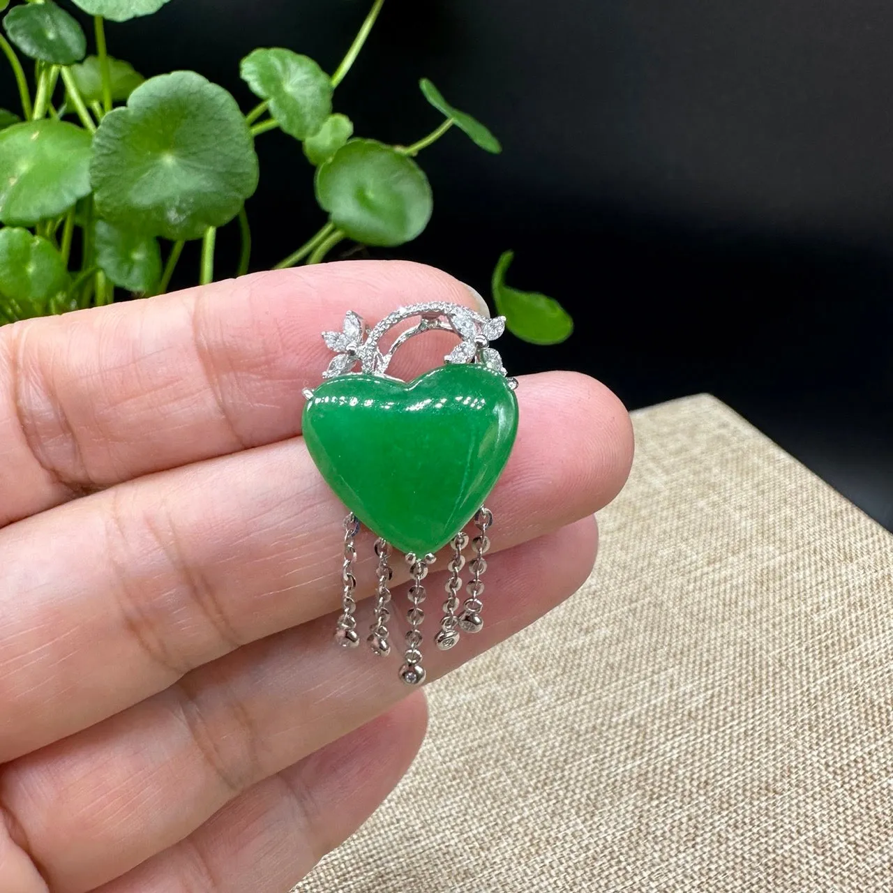 RealJade® Co. 18K White Gold Genuine Burmese Imperial Jadeite Heart Pendant with Diamonds High Jewelry