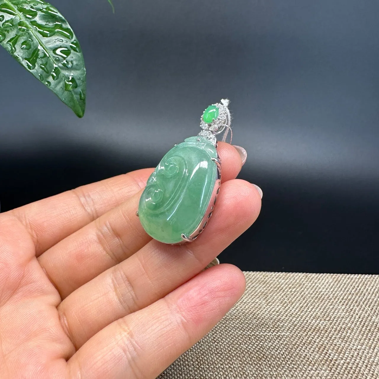 RealJade® Co. Genuine Burmese High Green Jadeite Jade Ru Yi Pendant with 18k Rose Gold Diamond Bail