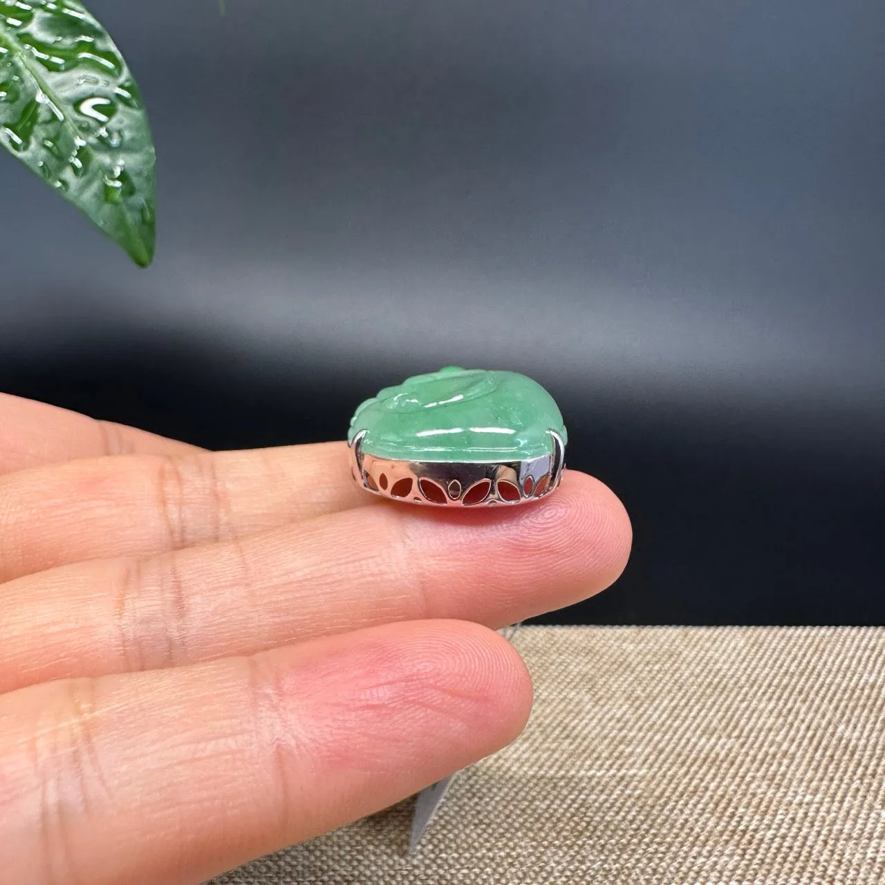 RealJade® Co. Genuine Burmese High Green Jadeite Jade Ru Yi Pendant with 18k Rose Gold Diamond Bail