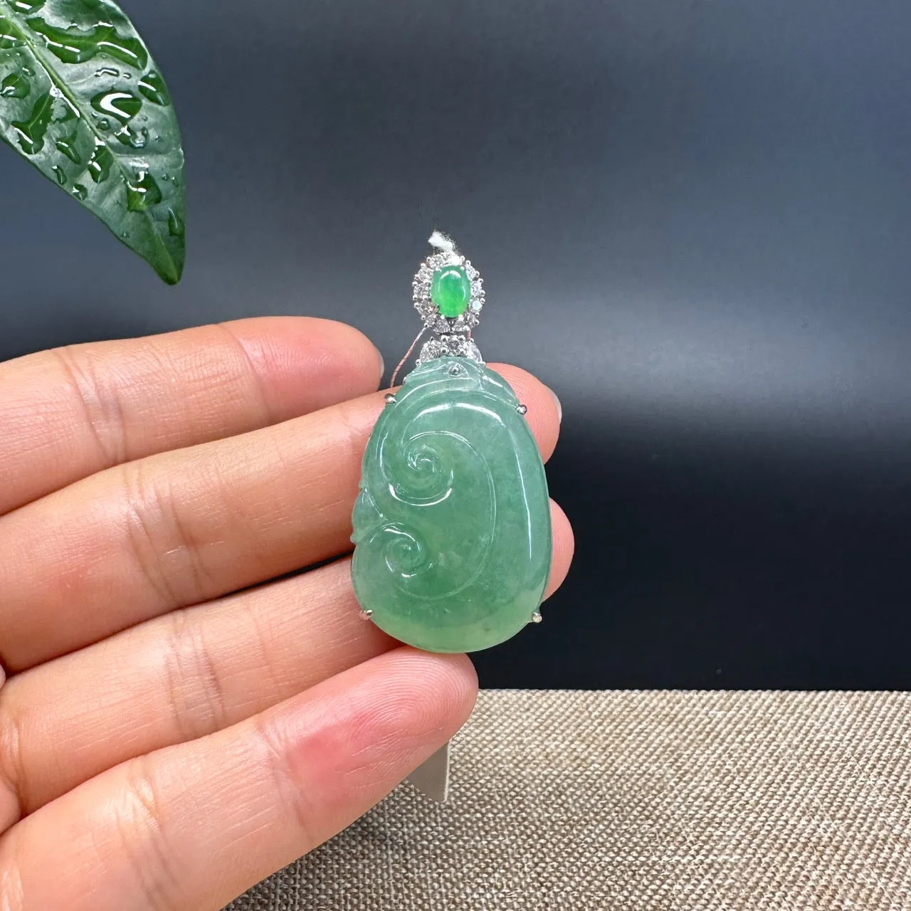 RealJade® Co. Genuine Burmese High Green Jadeite Jade Ru Yi Pendant with 18k Rose Gold Diamond Bail