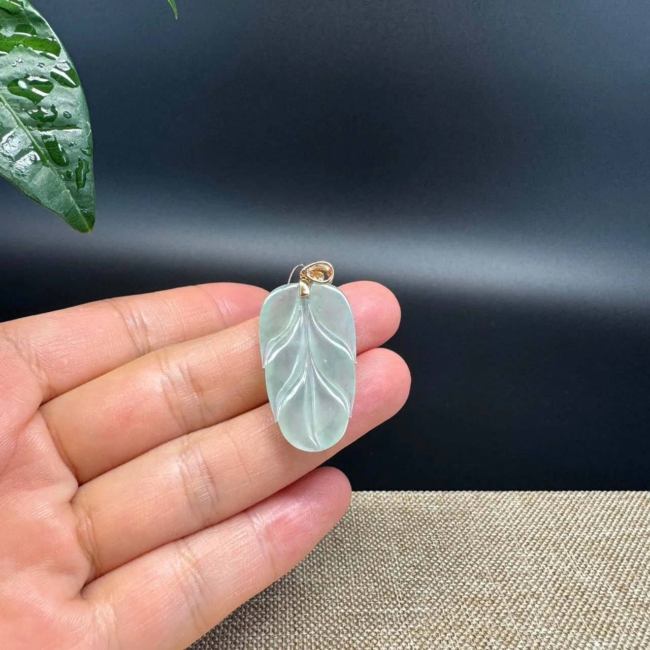 RealJade® Co. Genuine Ice Green Jadeite Jade Jin Zhi Yu Ye (Leaf) Necklace With 18K Rose Gold Bail