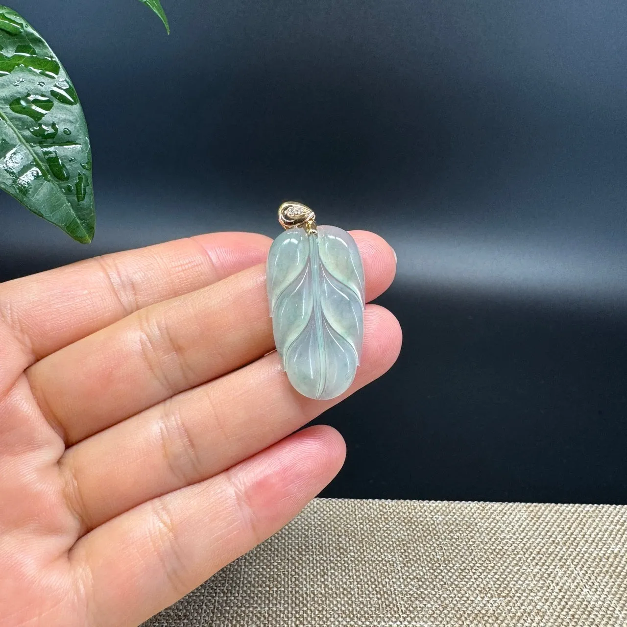 RealJade® Co. Genuine Ice Green Jadeite Jade Jin Zhi Yu Ye (Leaf) Necklace With 18K Rose Gold Bail