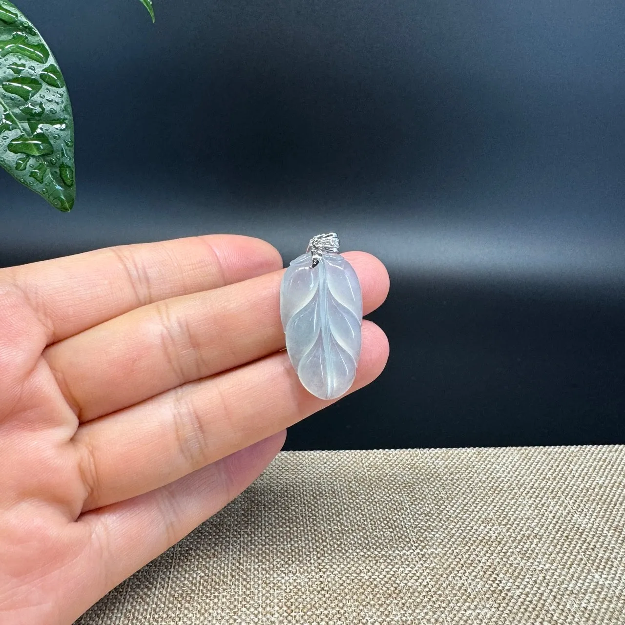 RealJade® Co. Genuine Ice Green Jadeite Jade Jin Zhi Yu Ye (Leaf) Necklace With 18K White Gold Bail