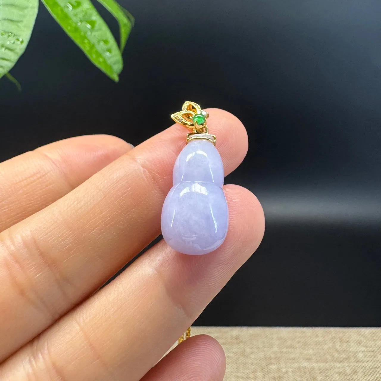 RealJade® Co. Genuine Lavender Jadeite Jade Good Luck Hulu Necklace With 18K Yellow Gold Bail