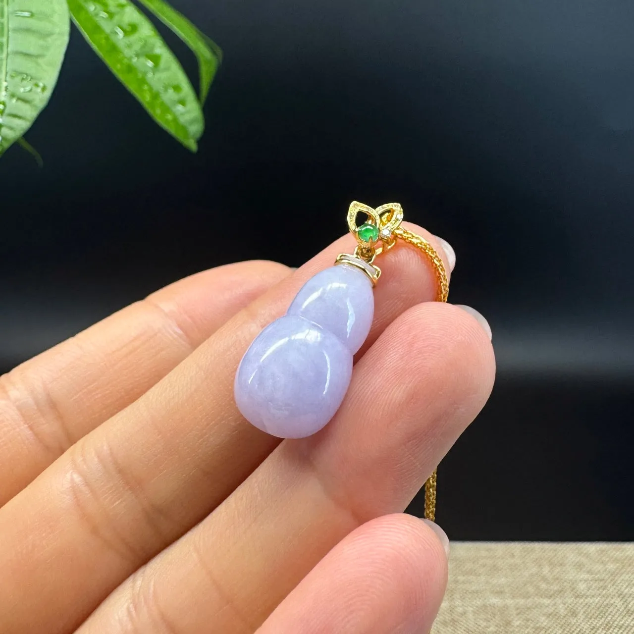 RealJade® Co. Genuine Lavender Jadeite Jade Good Luck Hulu Necklace With 18K Yellow Gold Bail