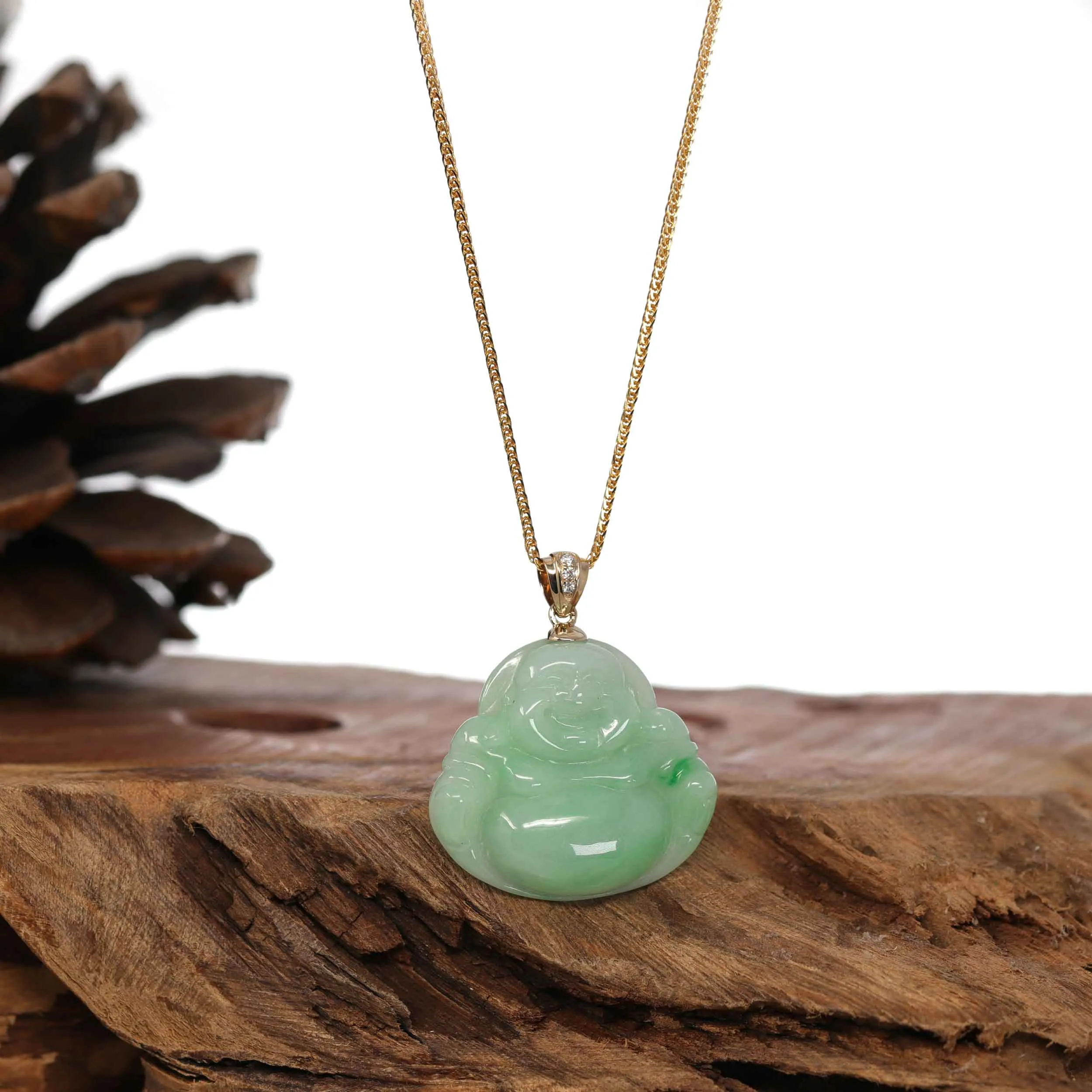 RealJade® Co. Natural Burmese Jadeite Jade Happy Buddha With 14k Yellow VS1 Diamond Bail