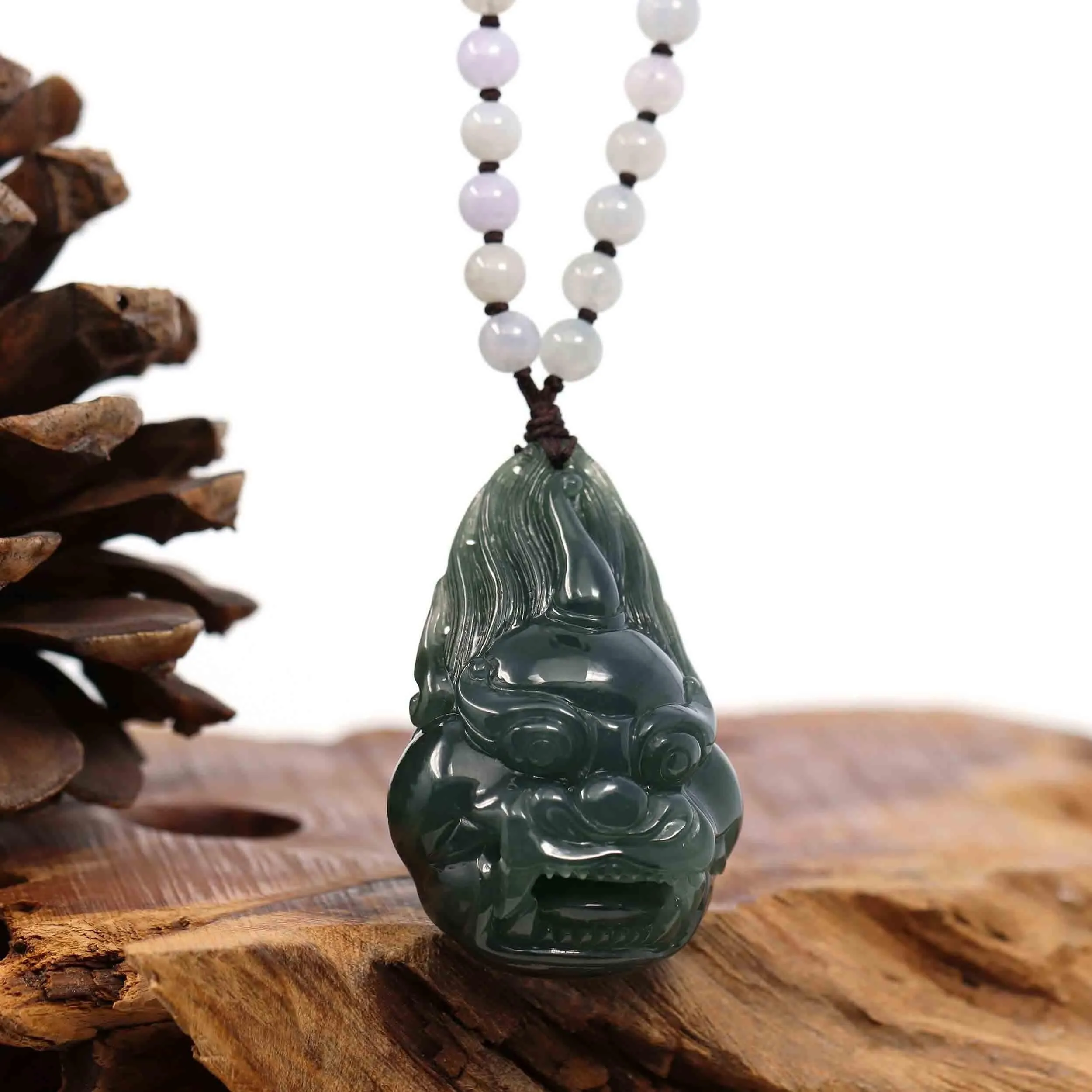 RealJade® Co. "Fu Dog" (Guardian Lion) Natural Blue Green Jadeite Jade Necklace Collectibles