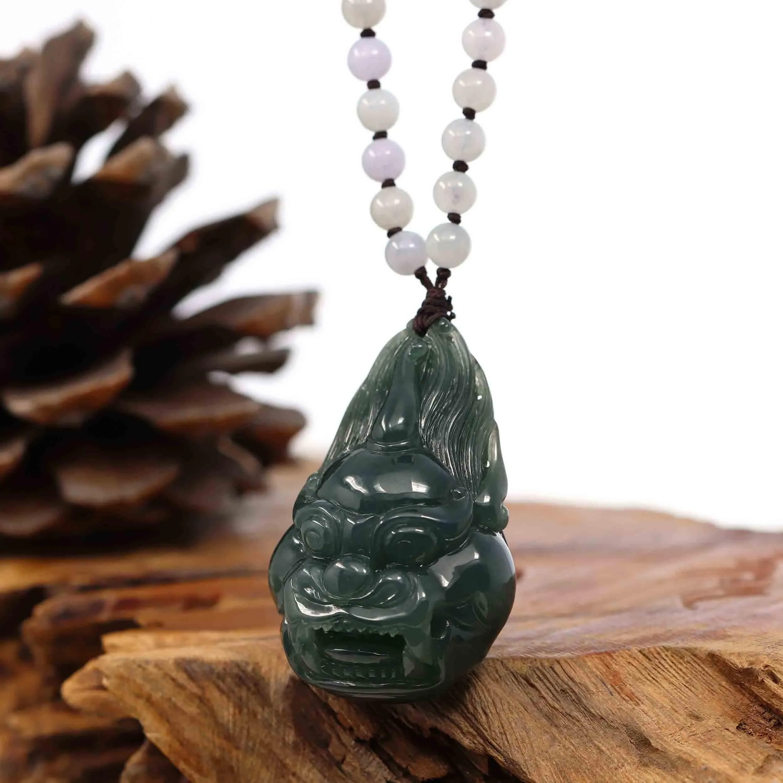 RealJade® Co. "Fu Dog" (Guardian Lion) Natural Blue Green Jadeite Jade Necklace Collectibles