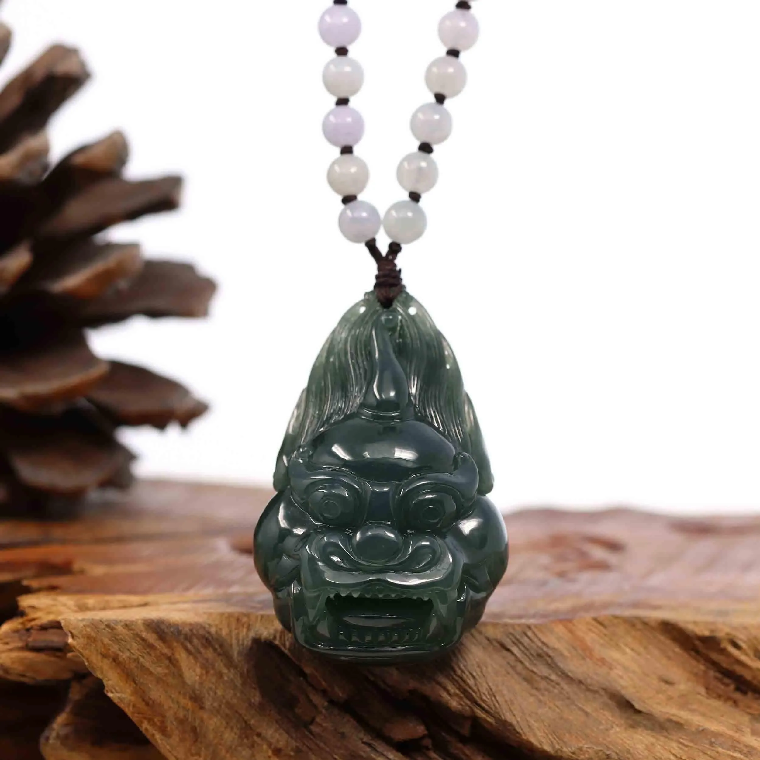 RealJade® Co. "Fu Dog" (Guardian Lion) Natural Blue Green Jadeite Jade Necklace Collectibles