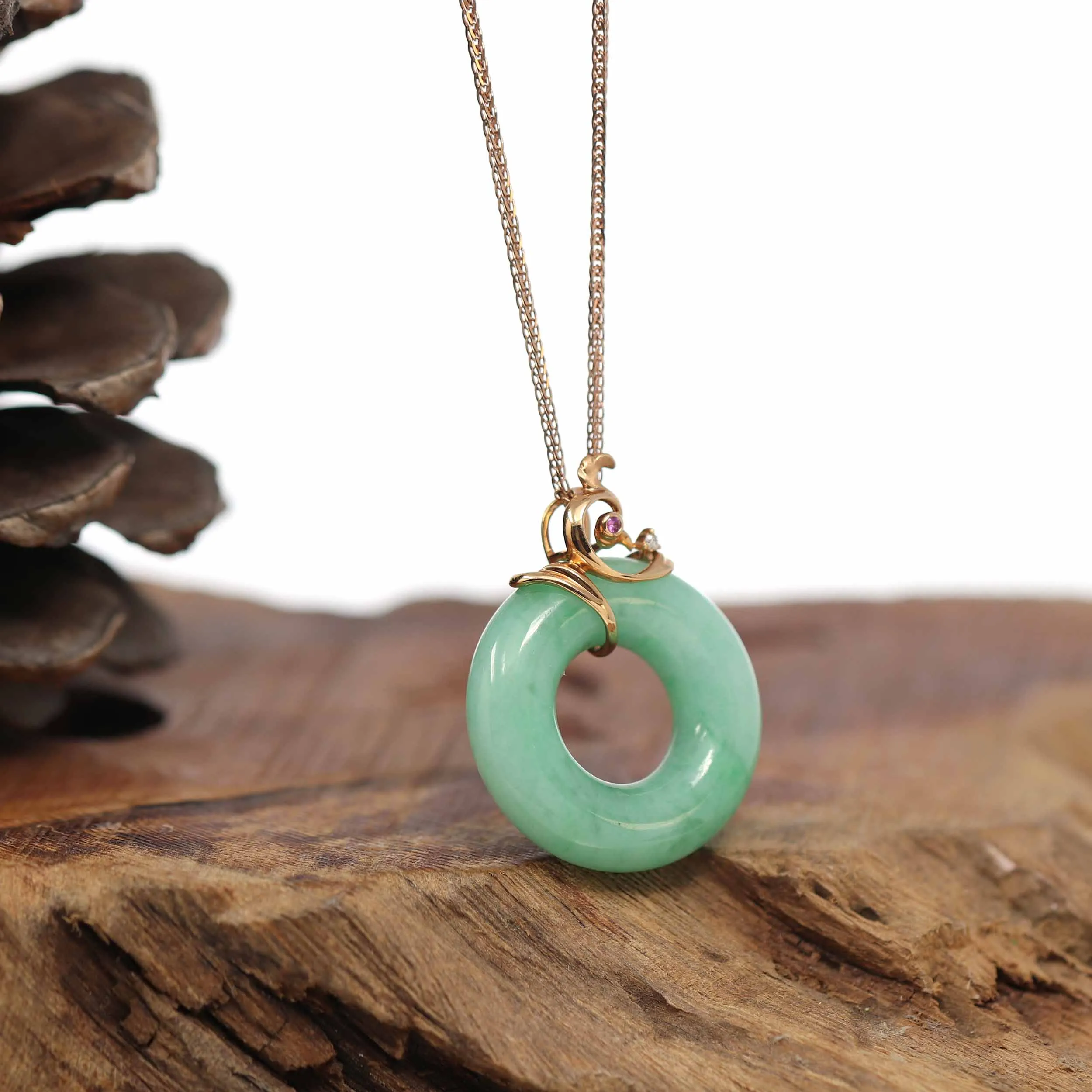 RealJade® Co. "Good Luck Birdie" 18k Rose Gold Genuine Burmese Jadeite Lucky Kou Kou Pendant Necklace With Ruby and Diamond