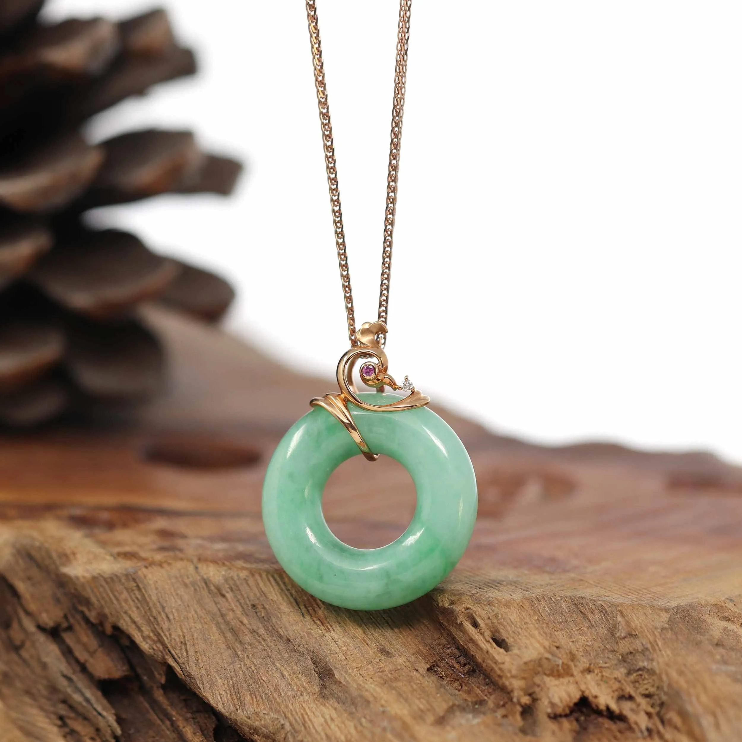 RealJade® Co. "Good Luck Birdie" 18k Rose Gold Genuine Burmese Jadeite Lucky Kou Kou Pendant Necklace With Ruby and Diamond