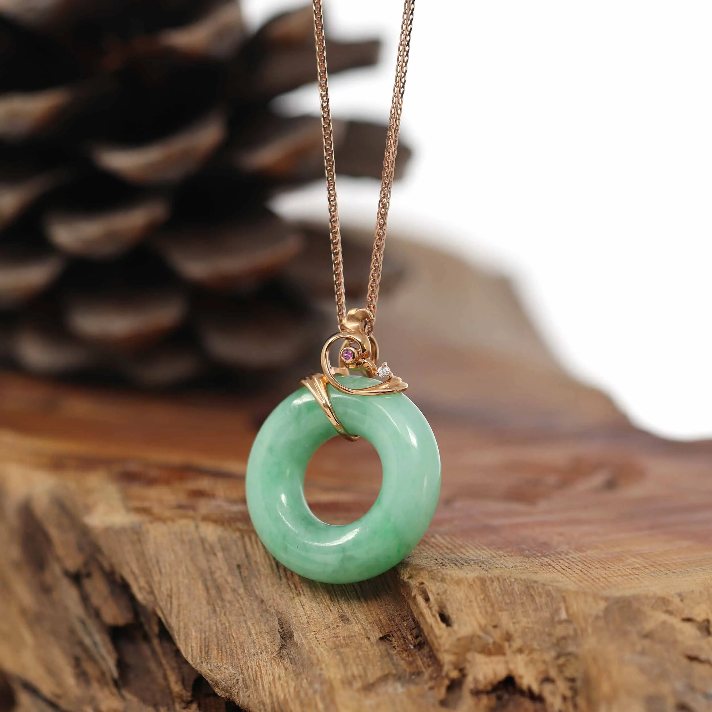 RealJade® Co. "Good Luck Birdie" 18k Rose Gold Genuine Burmese Jadeite Lucky Kou Kou Pendant Necklace With Ruby and Diamond