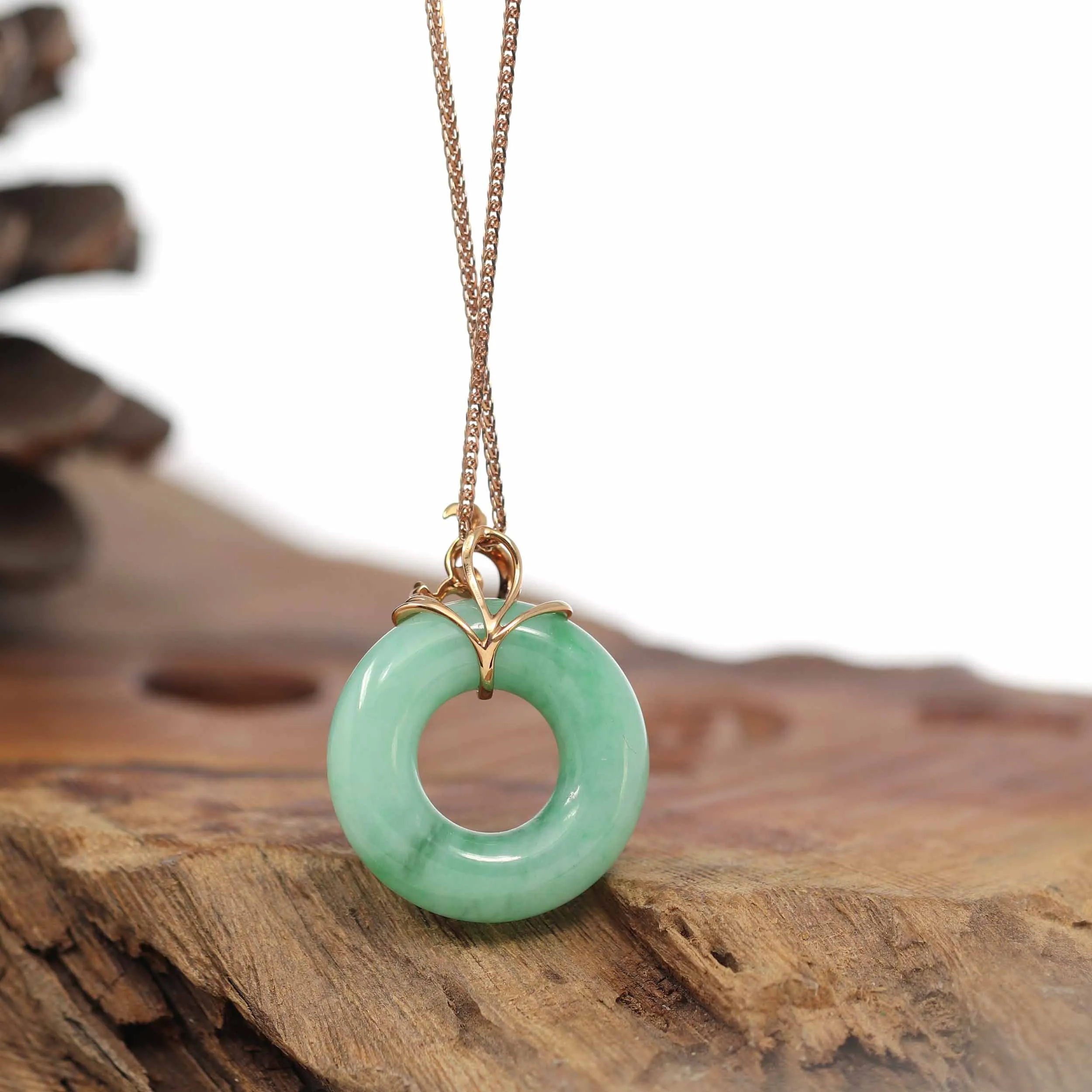 RealJade® Co. "Good Luck Birdie" 18k Rose Gold Genuine Burmese Jadeite Lucky Kou Kou Pendant Necklace With Ruby and Diamond