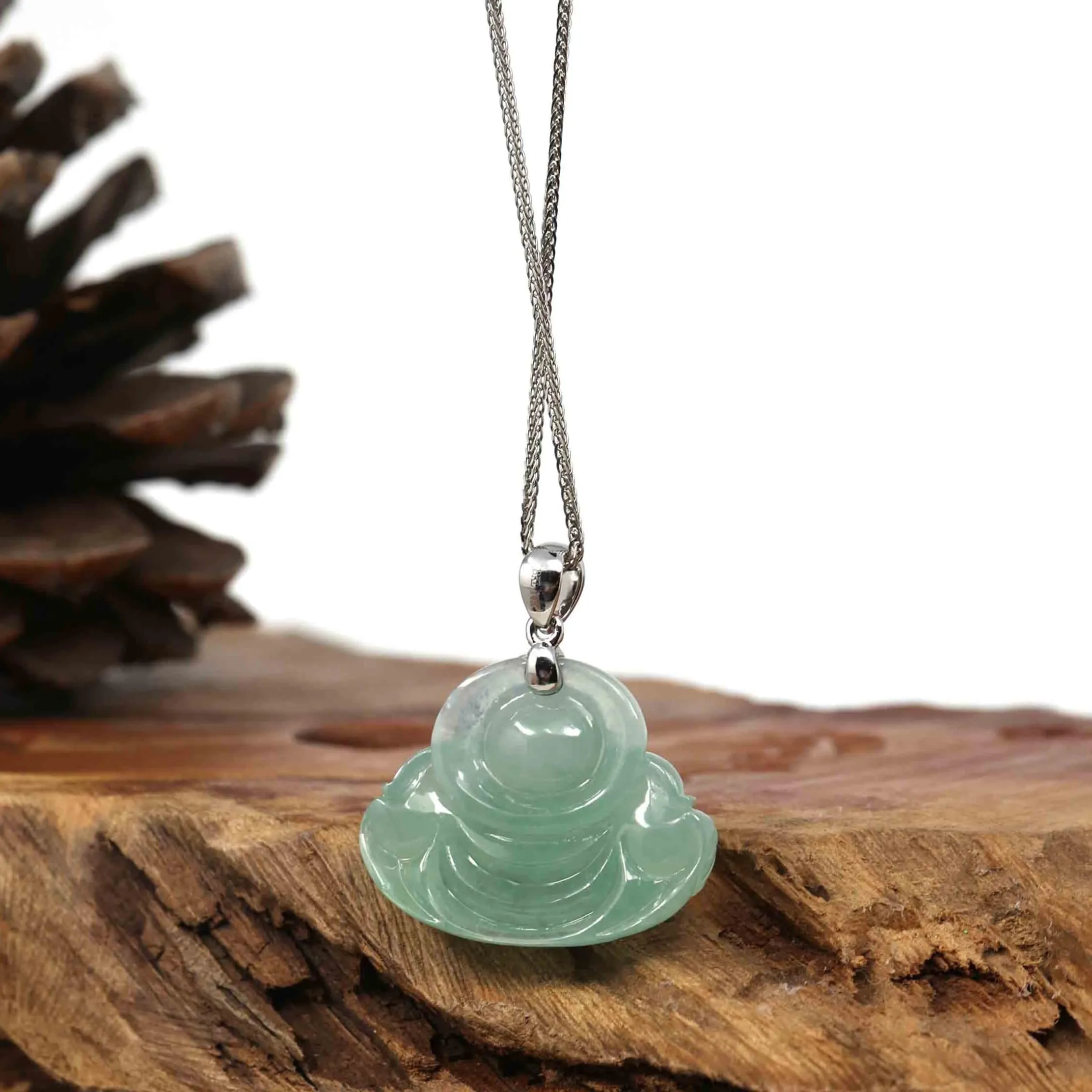 RealJade Co. "Laughing Buddha" Genuine Lake Green Jadeite Buddha Pendant Necklace