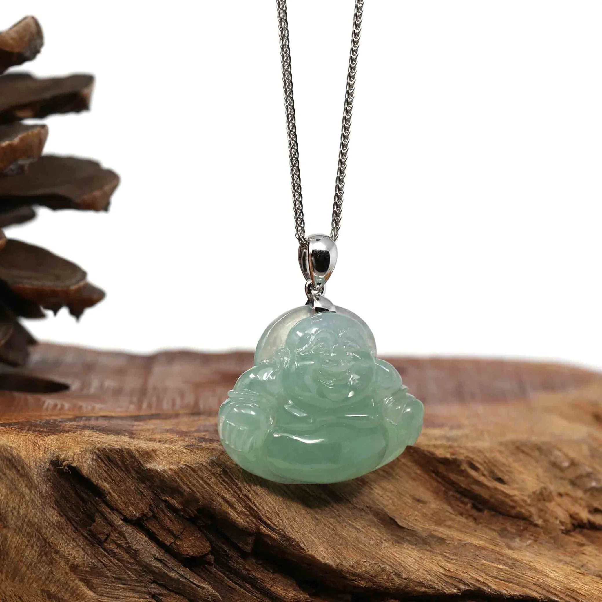 RealJade Co. "Laughing Buddha" Genuine Lake Green Jadeite Buddha Pendant Necklace