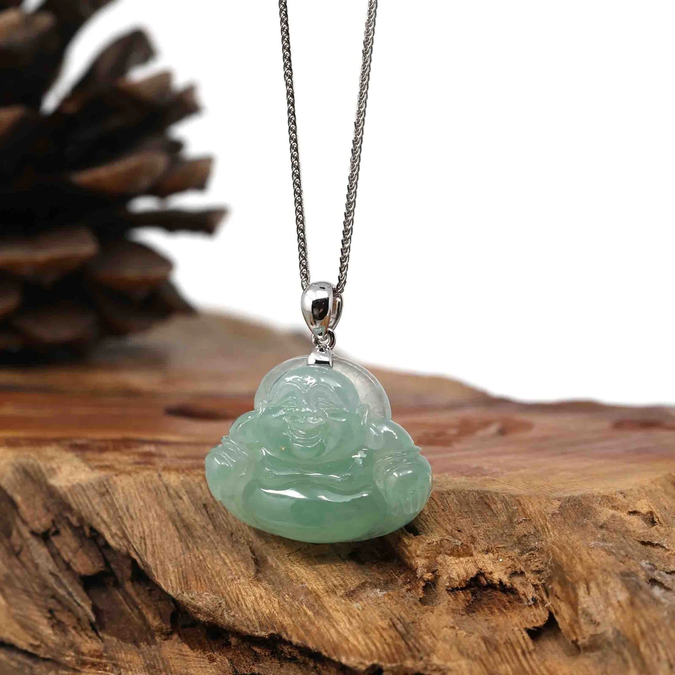 RealJade Co. "Laughing Buddha" Genuine Lake Green Jadeite Buddha Pendant Necklace