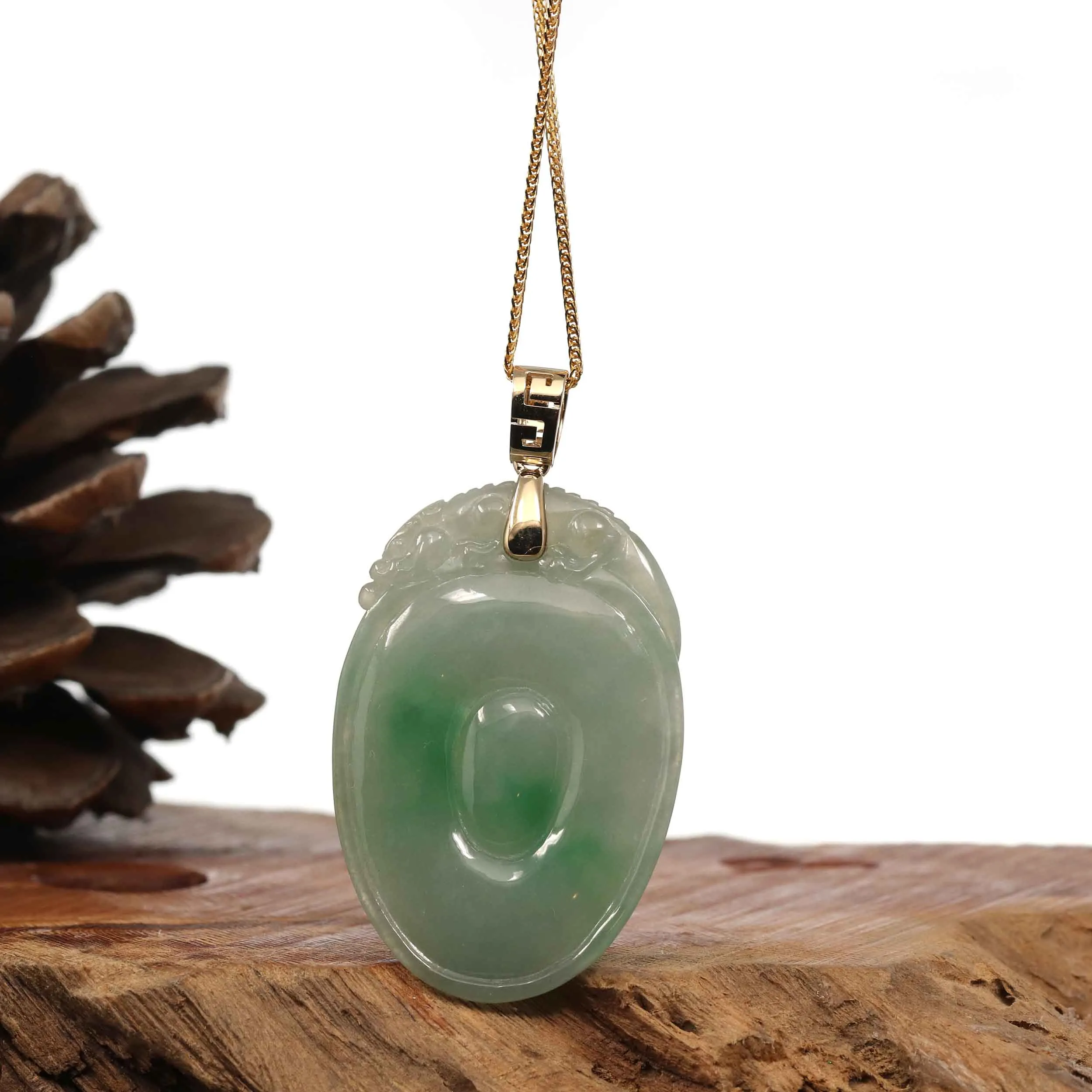 RealJade® Natural Green Jadeite Jade Shou Tao ( Longevity Peach ) Necklace With 14k Yellow Gold VS1 Diamond Bail