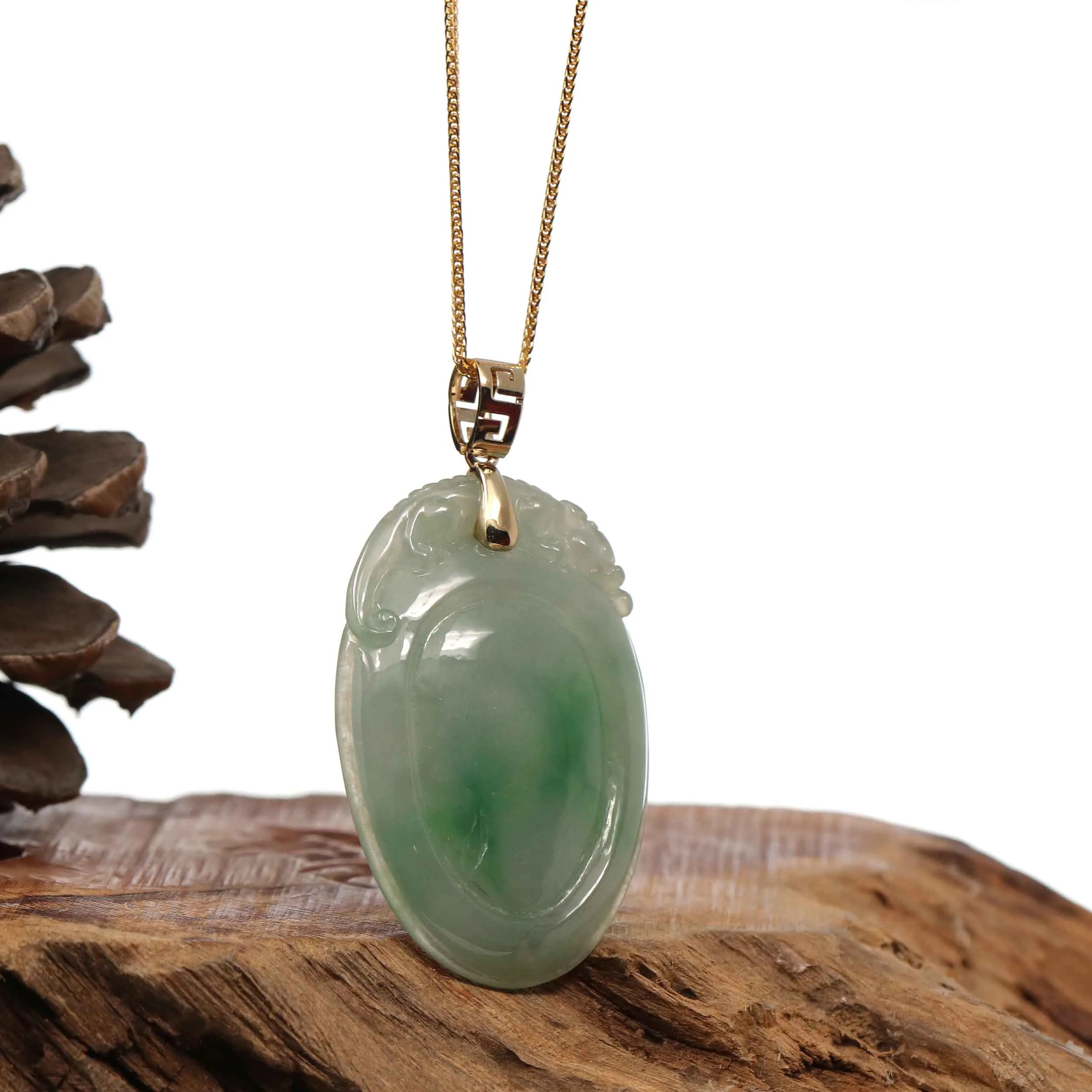 RealJade® Natural Green Jadeite Jade Shou Tao ( Longevity Peach ) Necklace With 14k Yellow Gold VS1 Diamond Bail