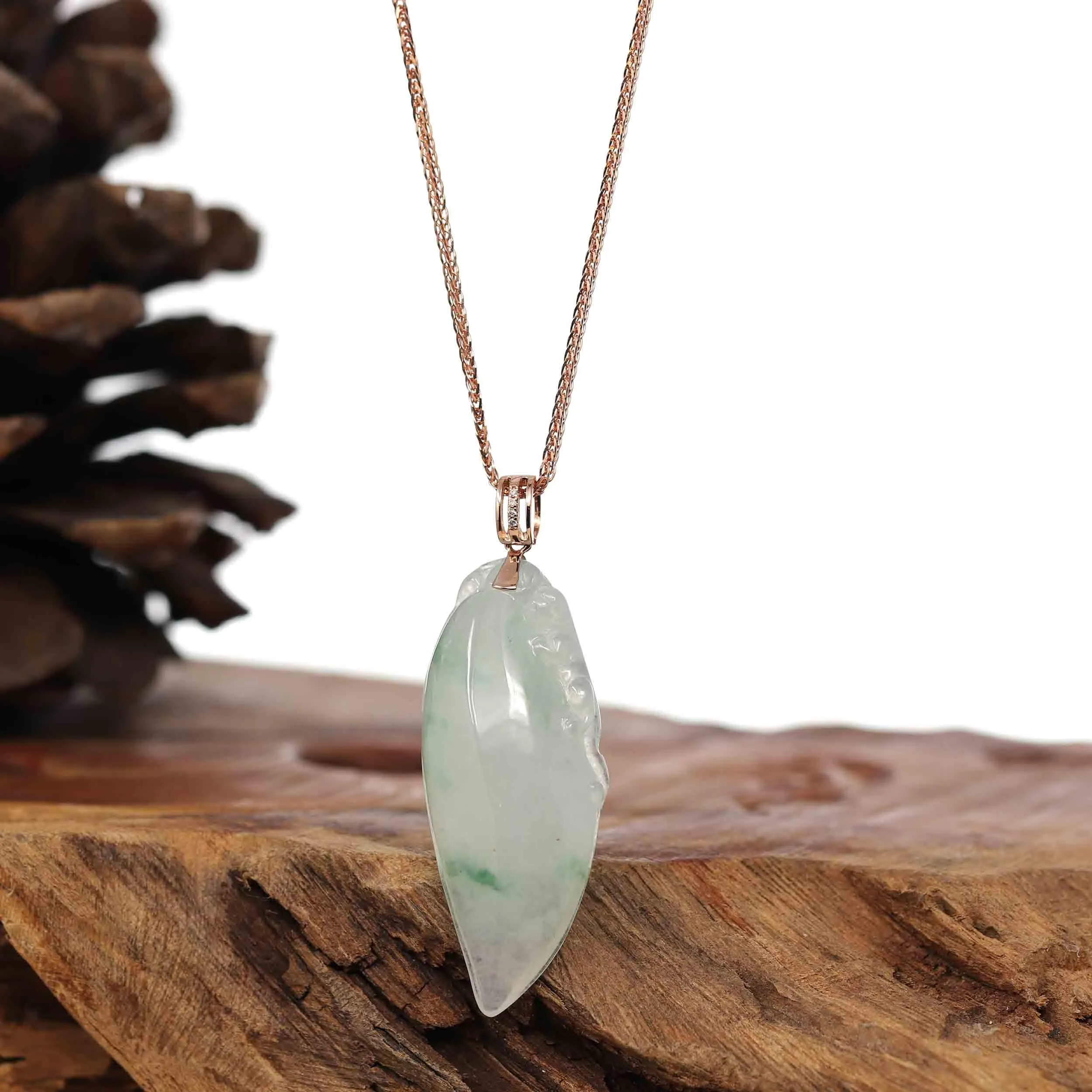 RealJade® Natural Ice Jadeite "Longevity Peach" ShouTao Necklace With 14k Rose Gold Diamond Bail