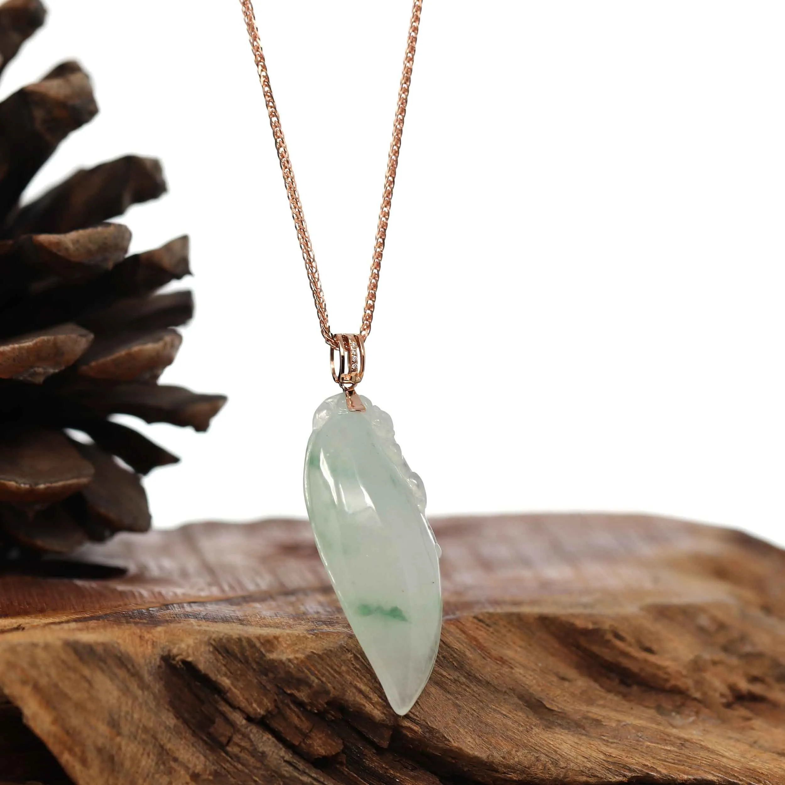 RealJade® Natural Ice Jadeite "Longevity Peach" ShouTao Necklace With 14k Rose Gold Diamond Bail