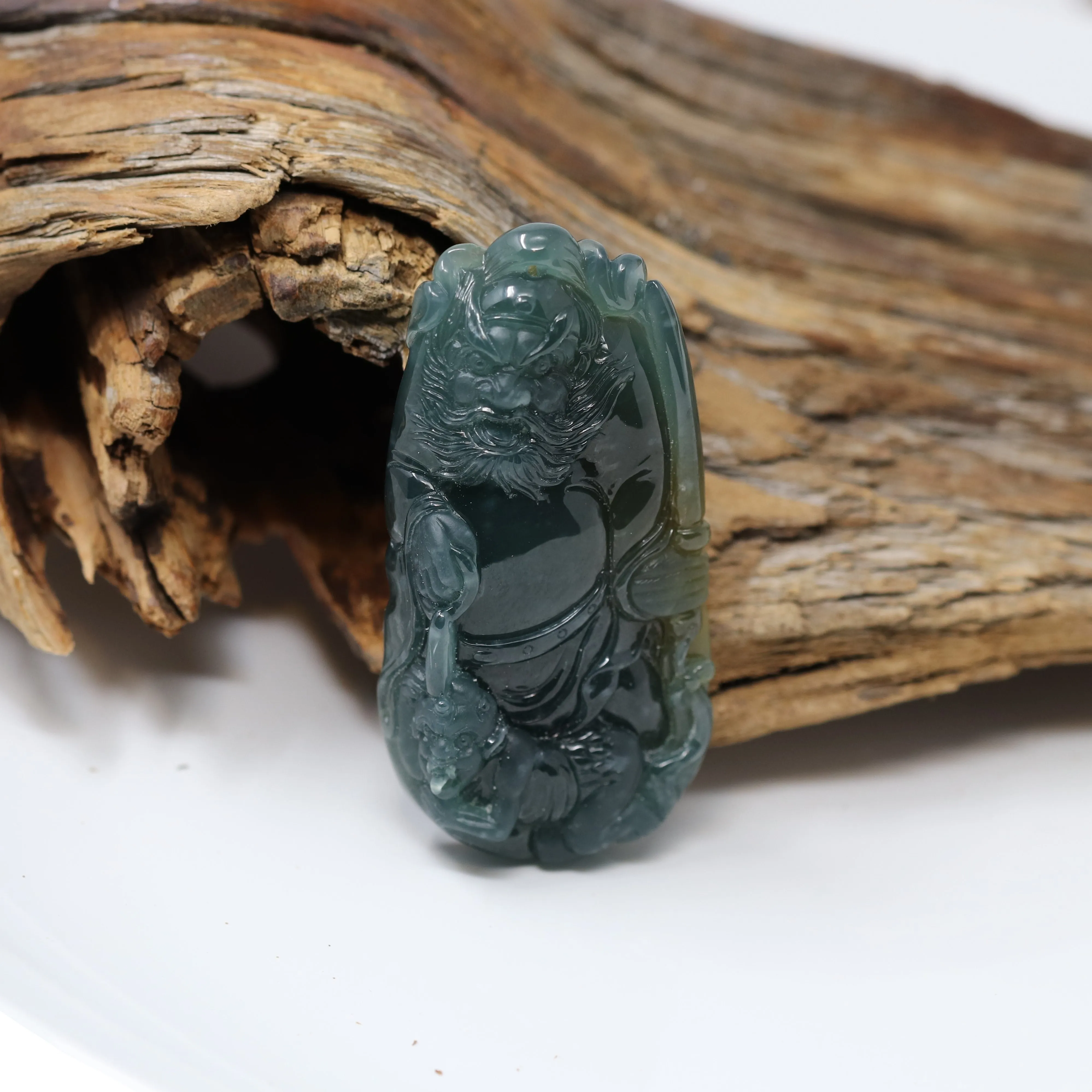 RealJade® "The Demon Hunter" (Zhong Kui)Natural Jadeite Dark Green to Deep Blue Jade Necklace, Collector's piece