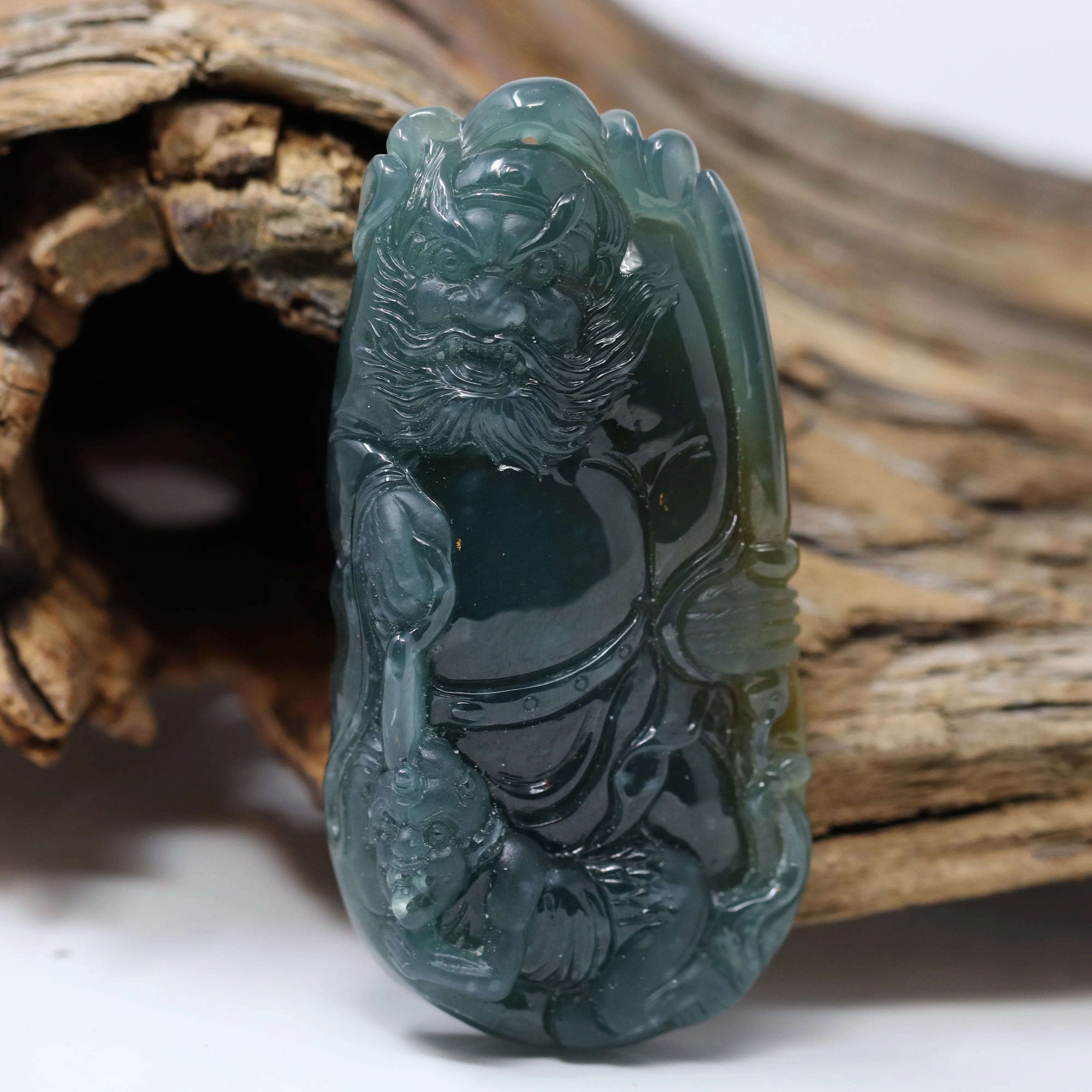 RealJade® "The Demon Hunter" (Zhong Kui)Natural Jadeite Dark Green to Deep Blue Jade Necklace, Collector's piece