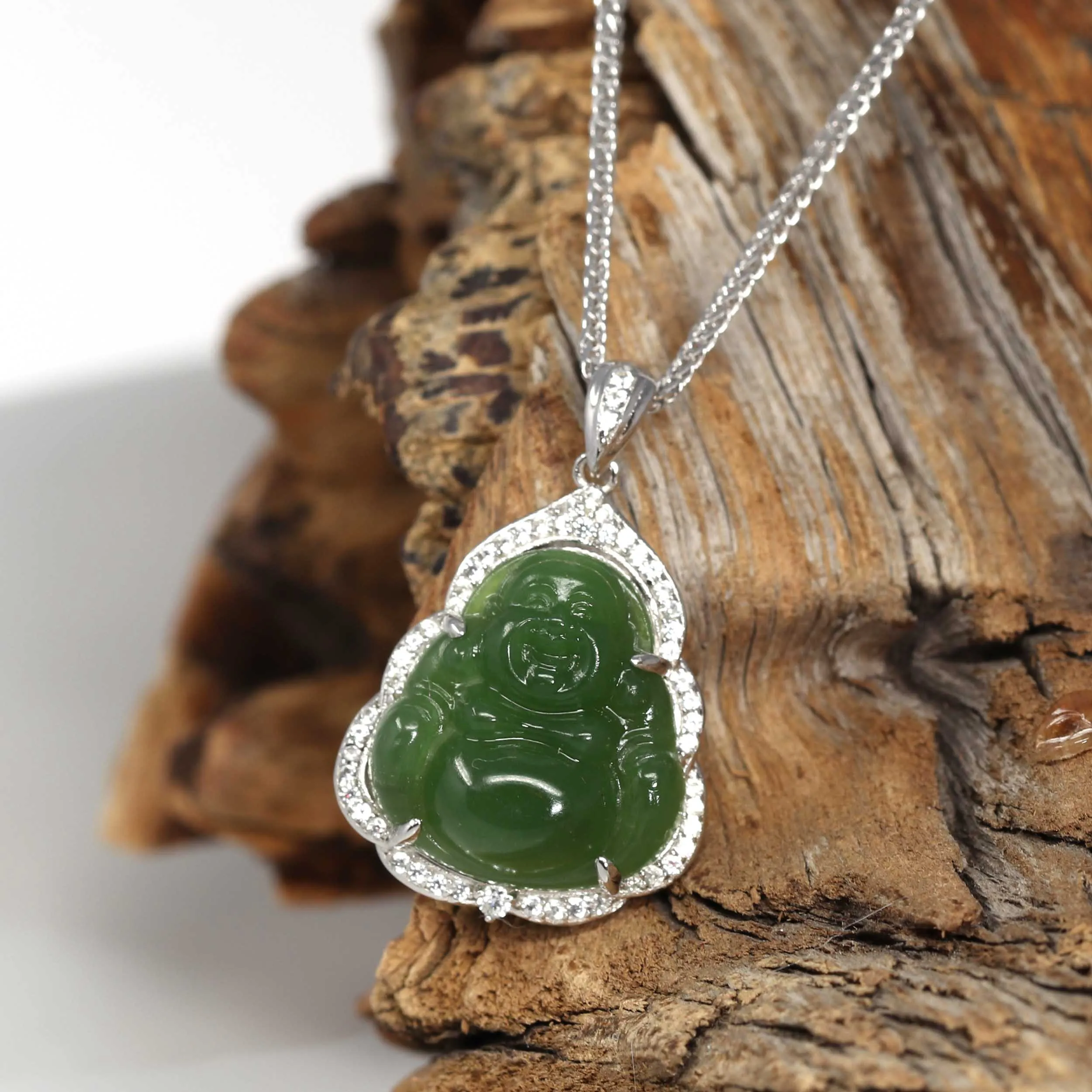 RealJade® Sterling Silver Genuine Nephrite Green Jade Small Buddha Pendant Necklace