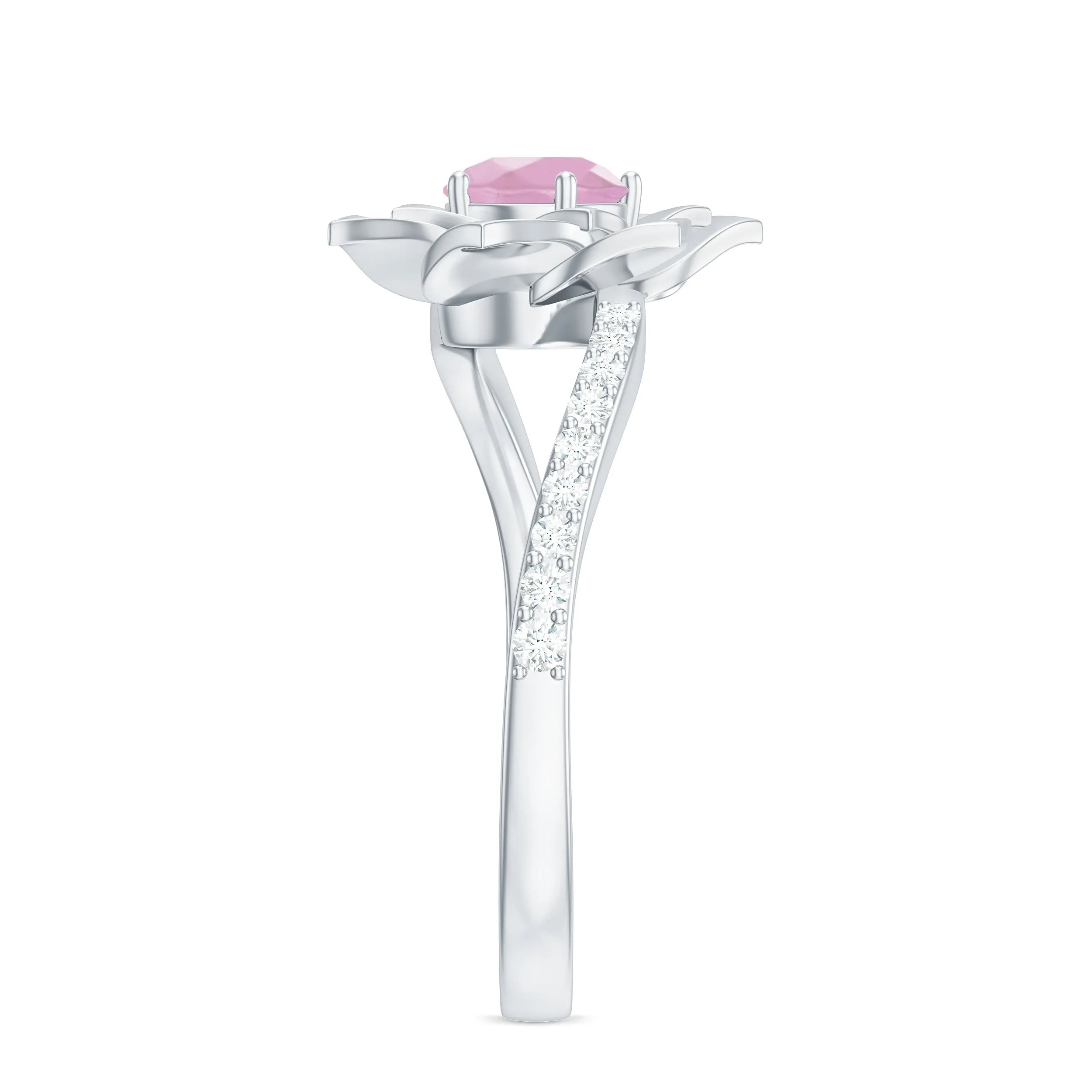 Rose Quartz and Diamond Flower Engagement Ring with Bypass Shank