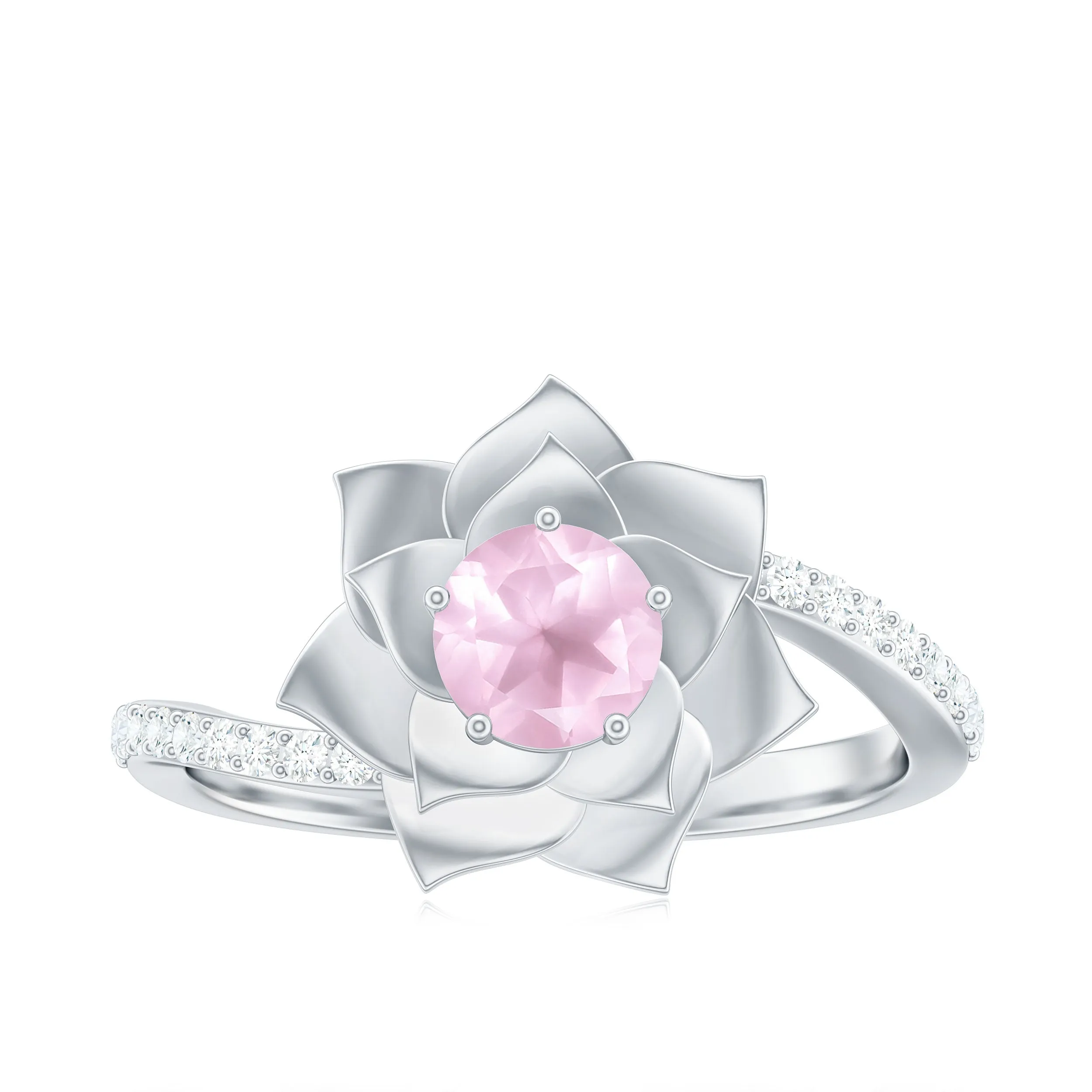 Rose Quartz and Diamond Flower Engagement Ring with Bypass Shank