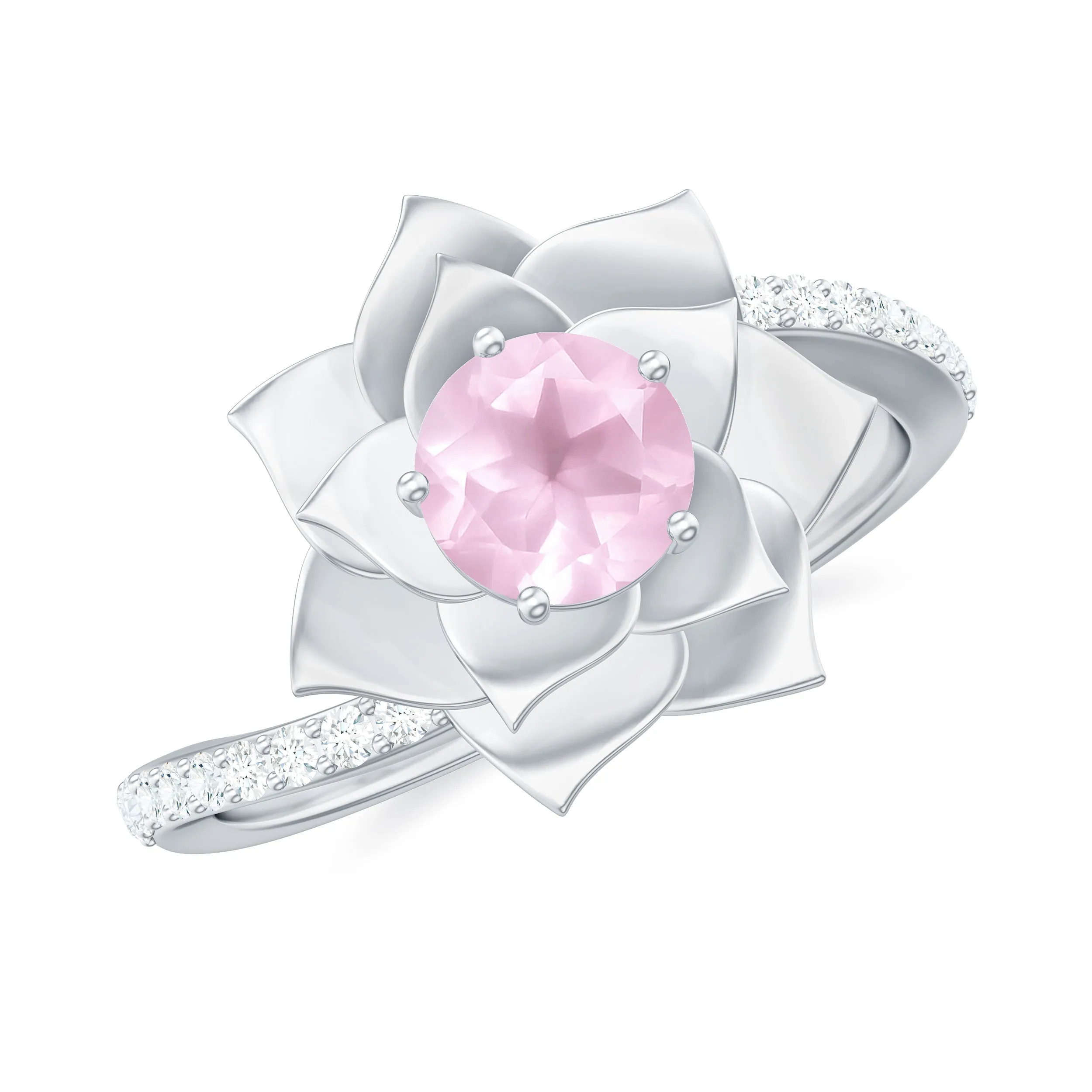 Rose Quartz and Diamond Flower Engagement Ring with Bypass Shank