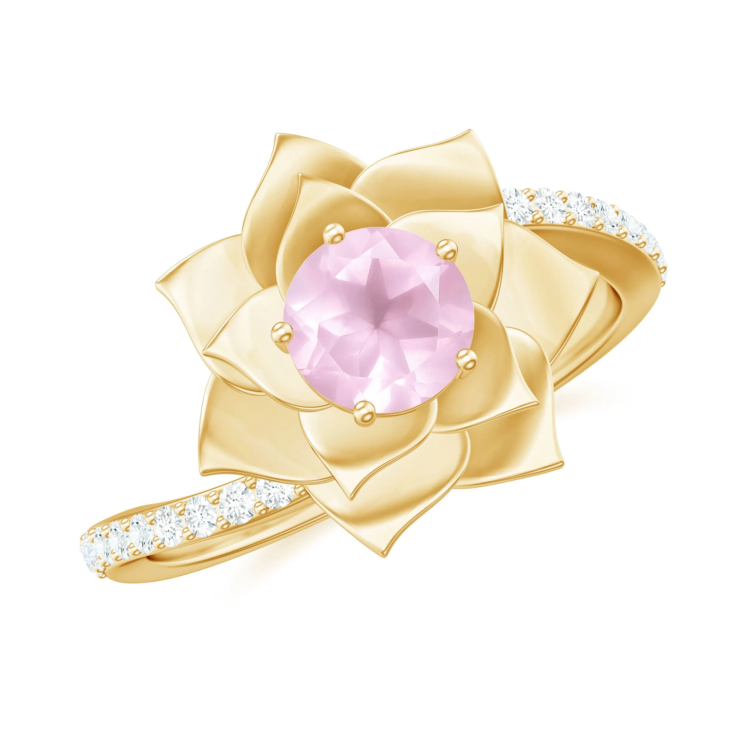 Rose Quartz and Diamond Flower Engagement Ring with Bypass Shank