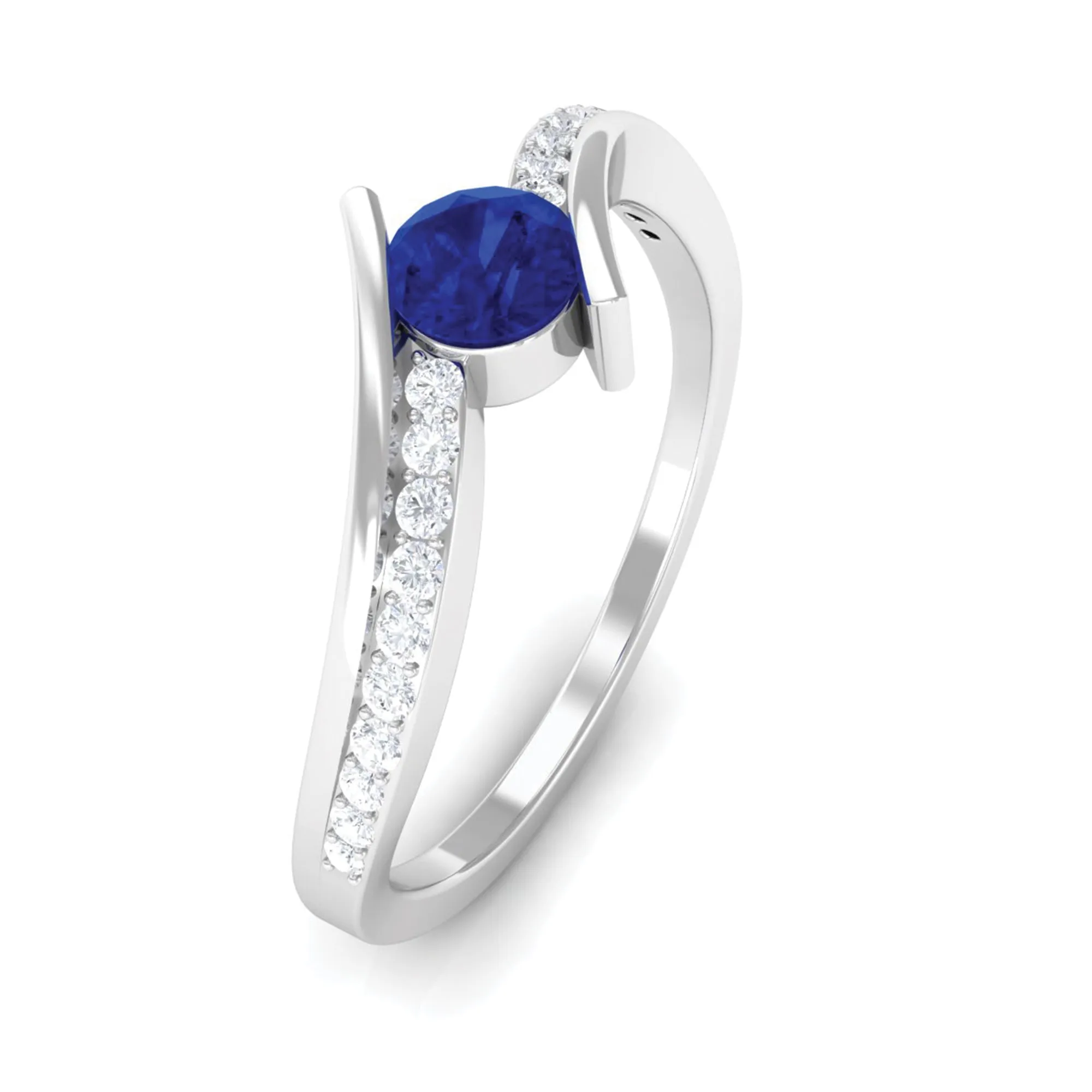 Round Blue Sapphire Bypass Engagement Ring with Diamond