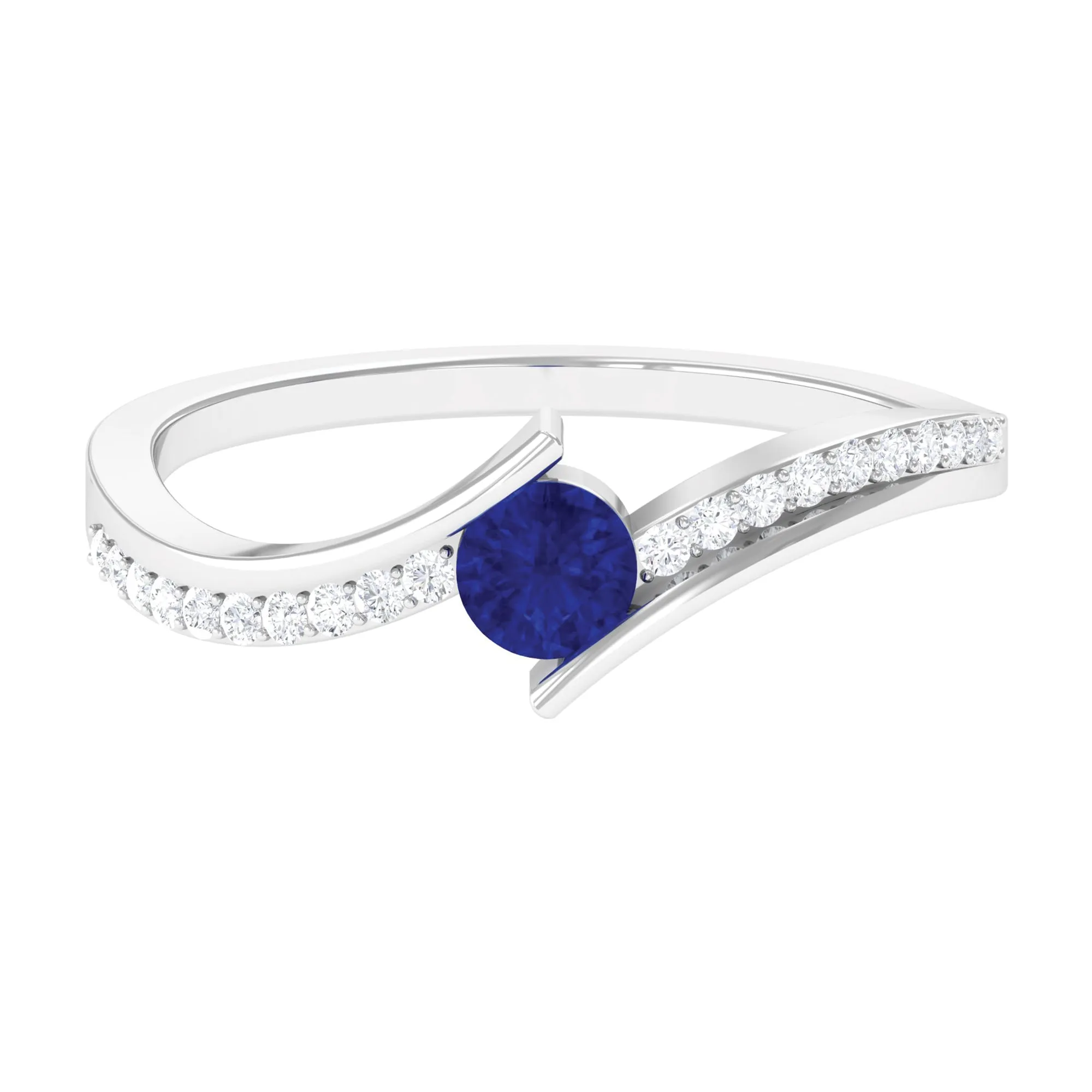 Round Blue Sapphire Bypass Engagement Ring with Diamond