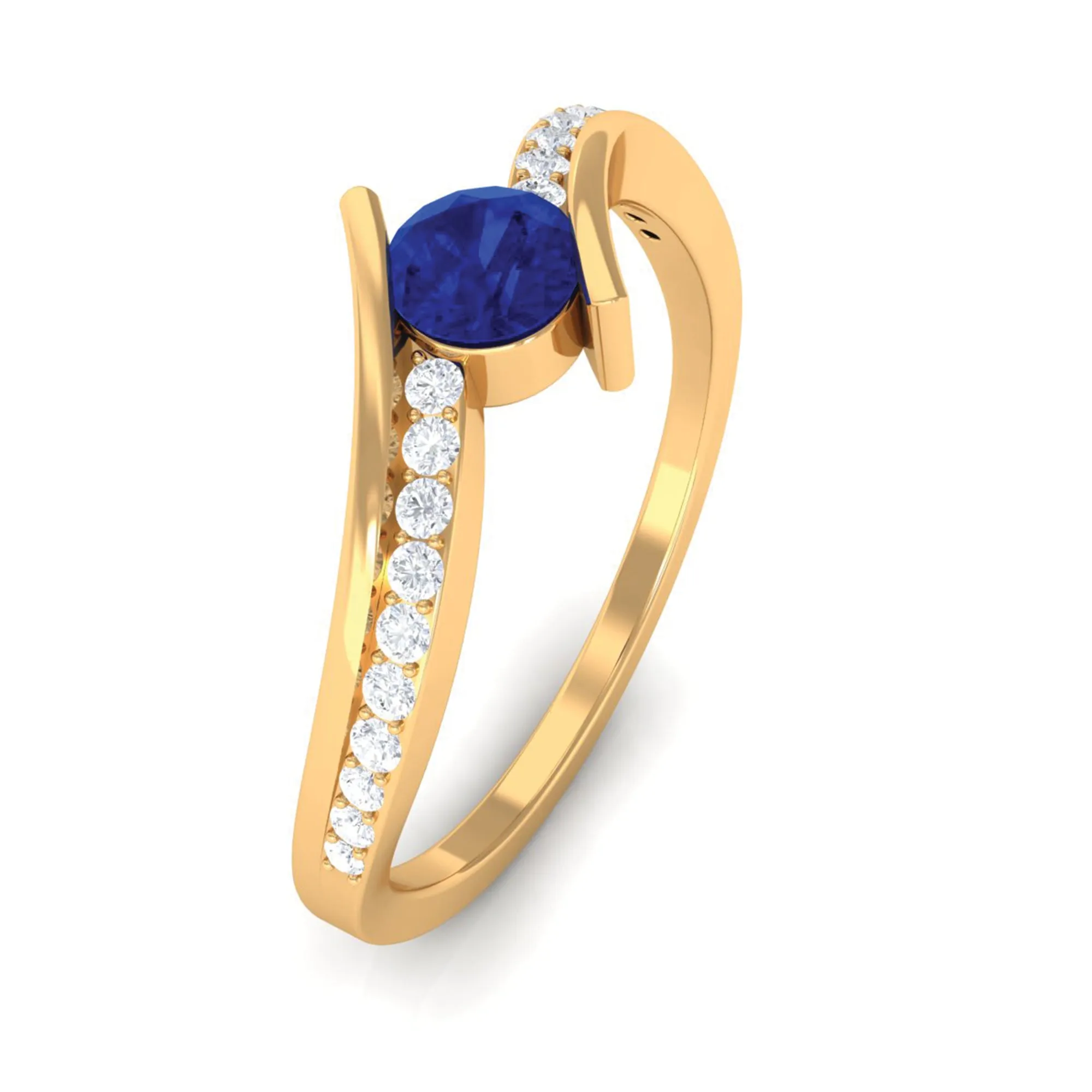 Round Blue Sapphire Bypass Engagement Ring with Diamond