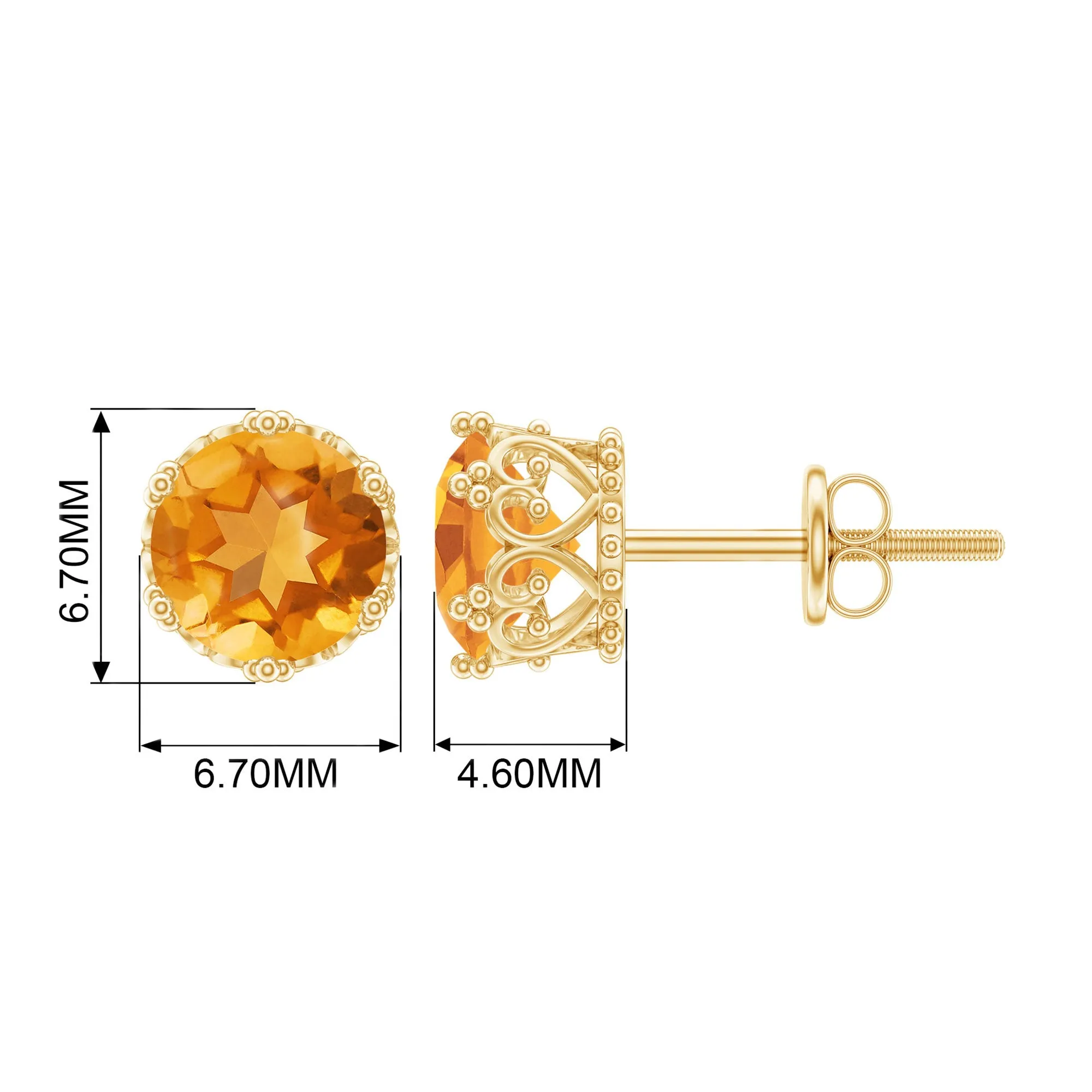 Round Citrine Solitaire Crown Stud Earrings