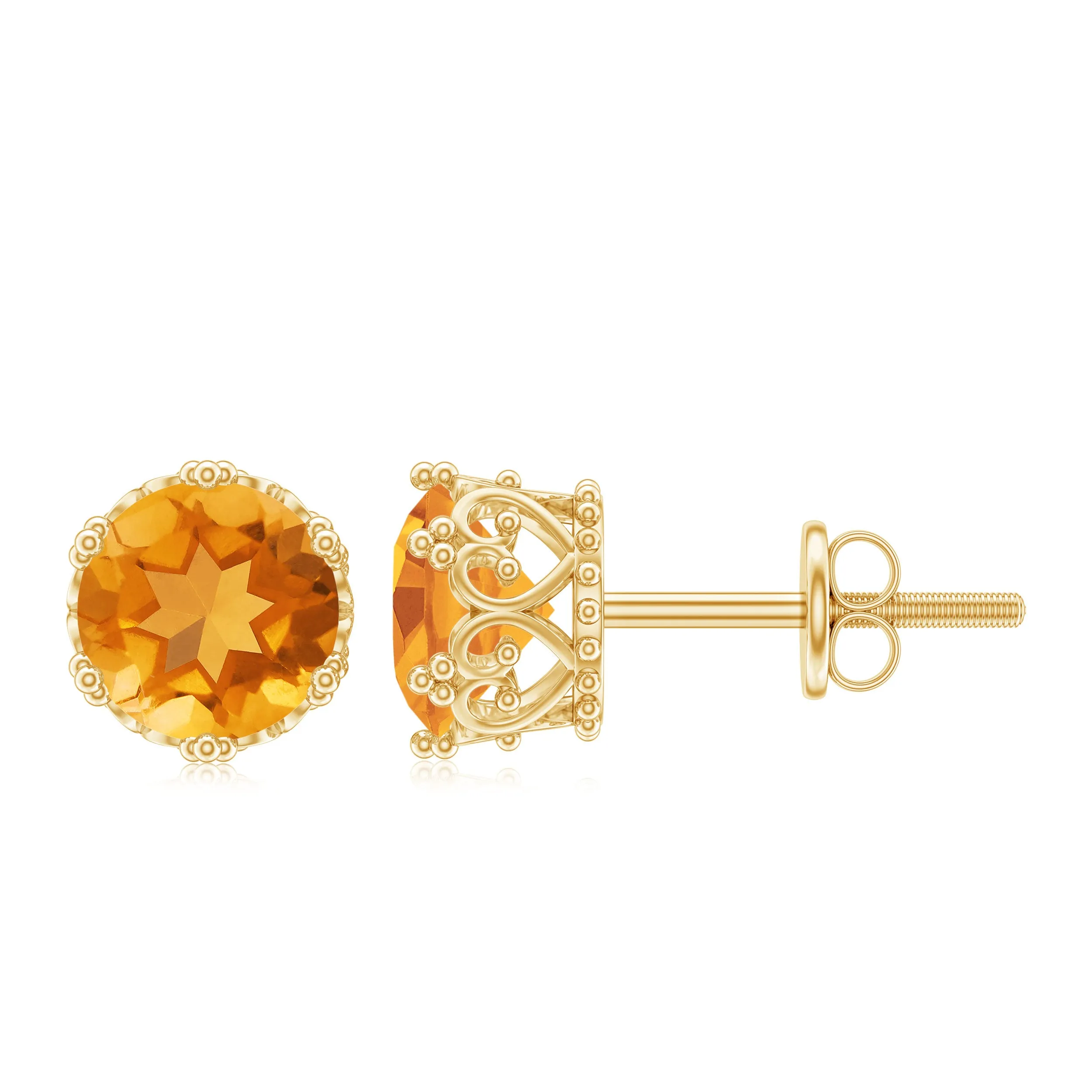 Round Citrine Solitaire Crown Stud Earrings