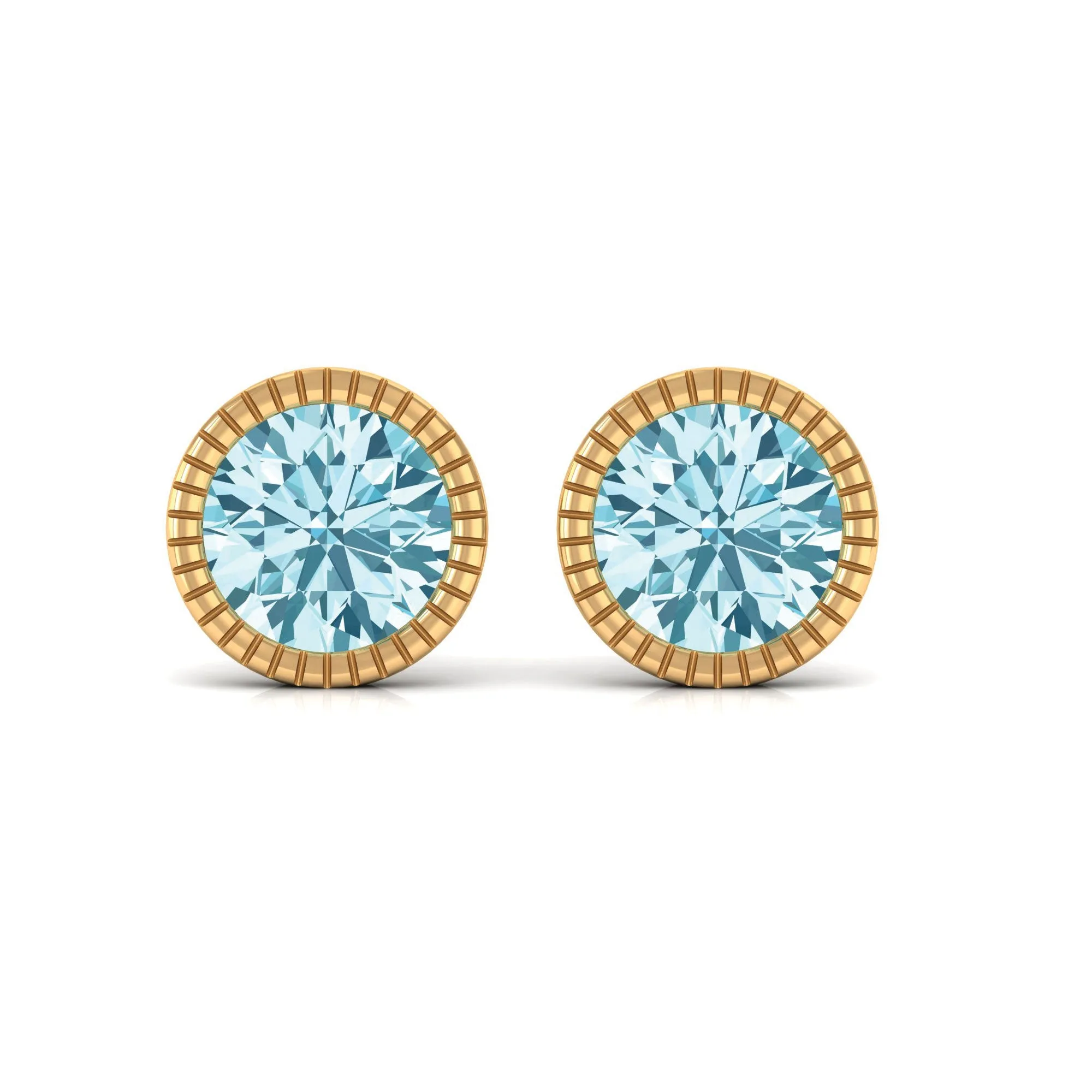 Round Cut Real Aquamarine Solitaire Stud Earring in Bezel Setting