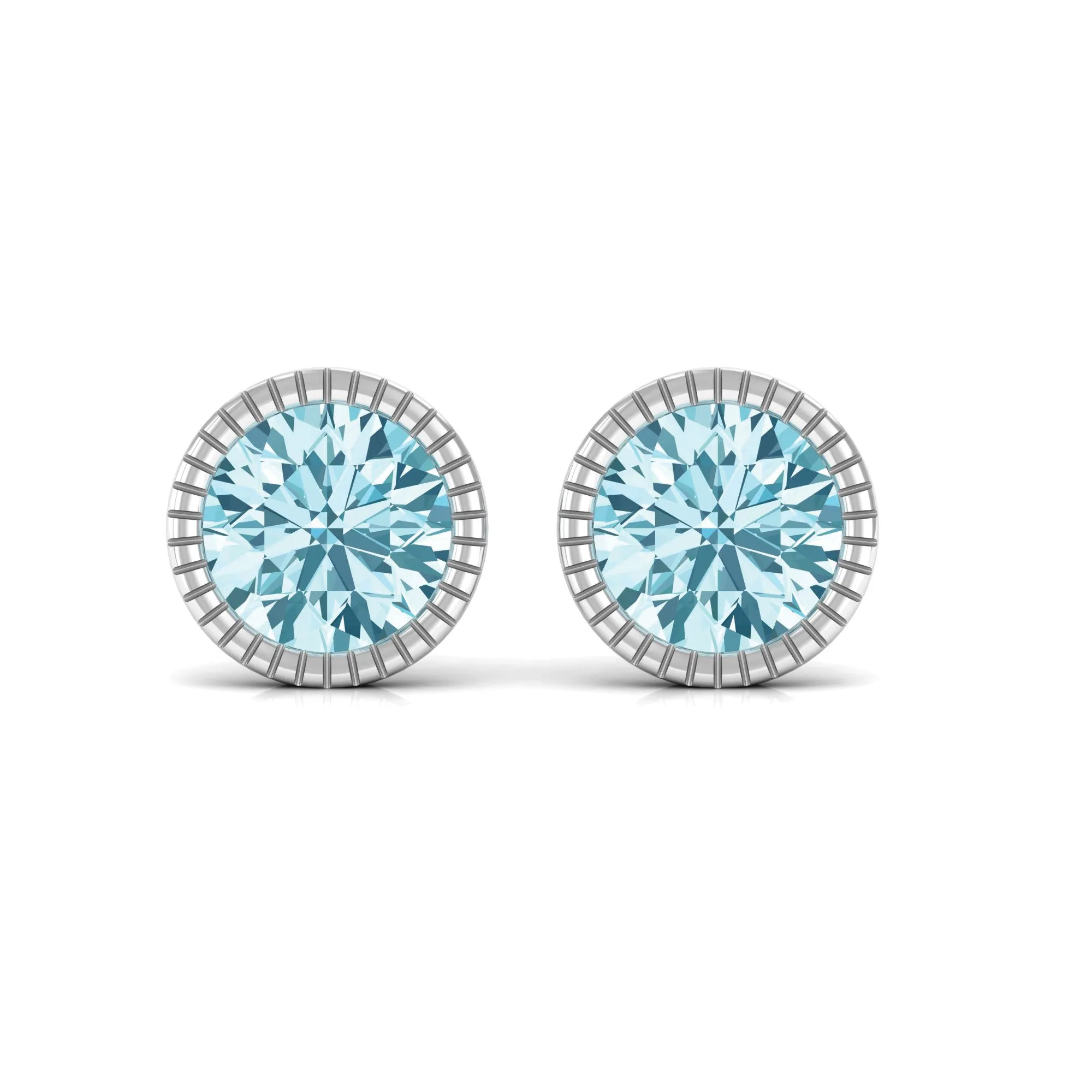 Round Cut Real Aquamarine Solitaire Stud Earring in Bezel Setting